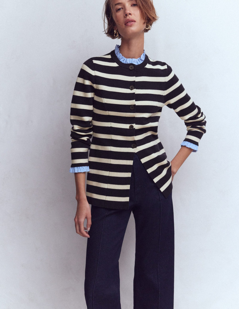 Joanna Fitted Knitted Jacket-Navy/ Warm Ivory Stripe 5
