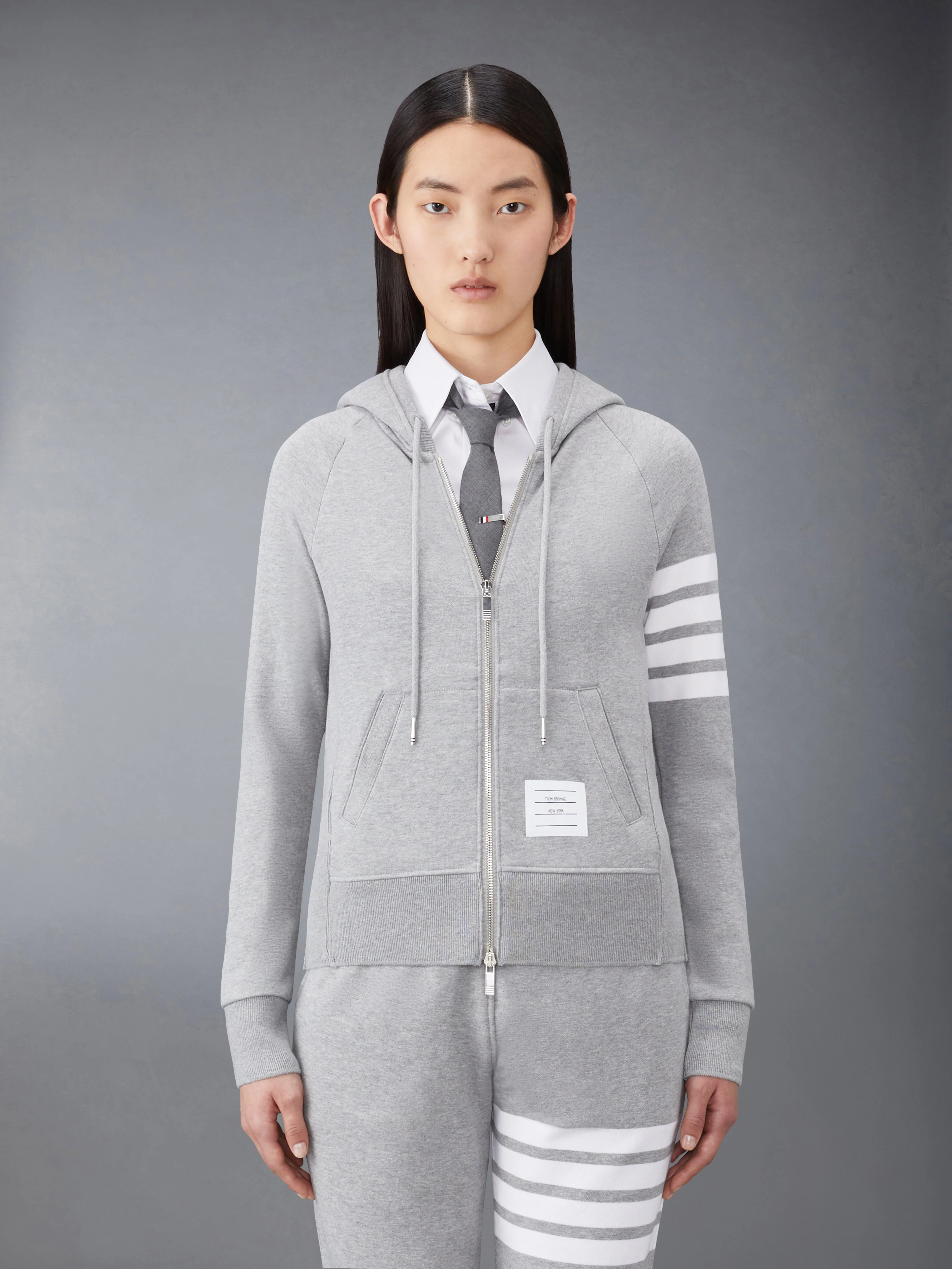 Light Grey Loopback Jersey Knit Engineered 4-bar Stripe Zip up Hoodie - 1