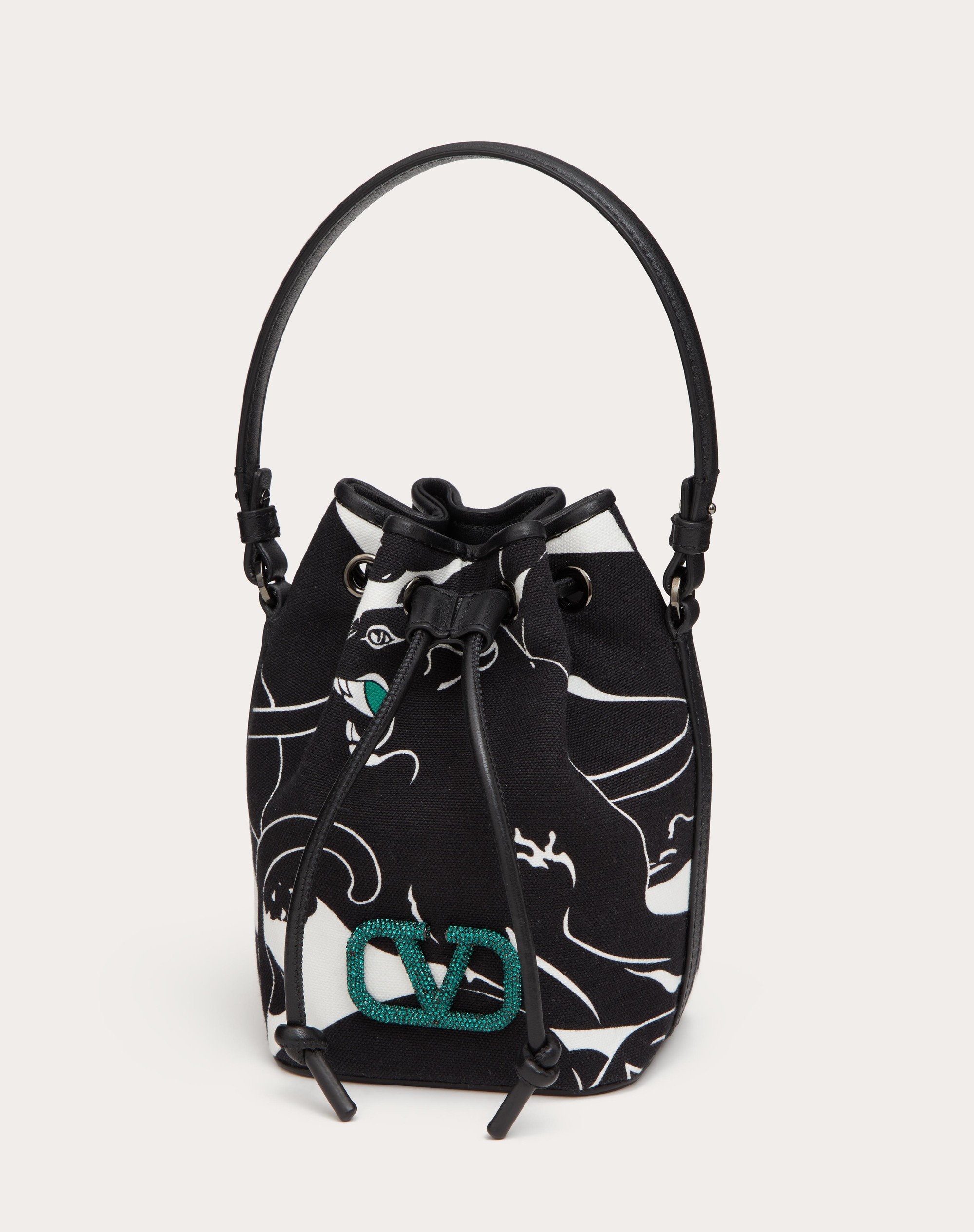 MINI VALENTINO GARAVANI ESCAPE BUCKET BAG IN CANVAS WITH PANTHER PRINT AND JEWEL LOGO - 6