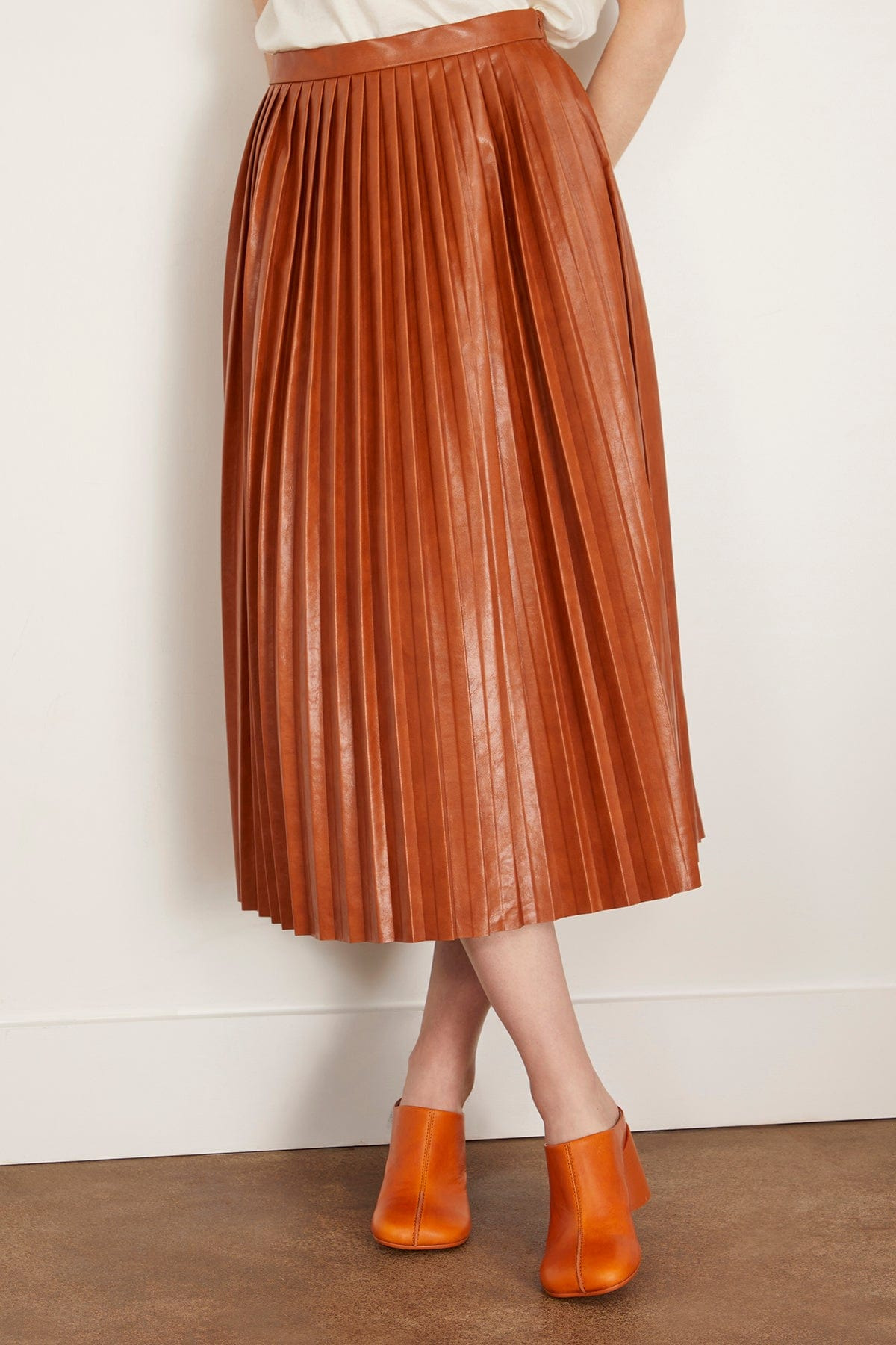 Pleated Faux Leather Skirt in Caramel - 4