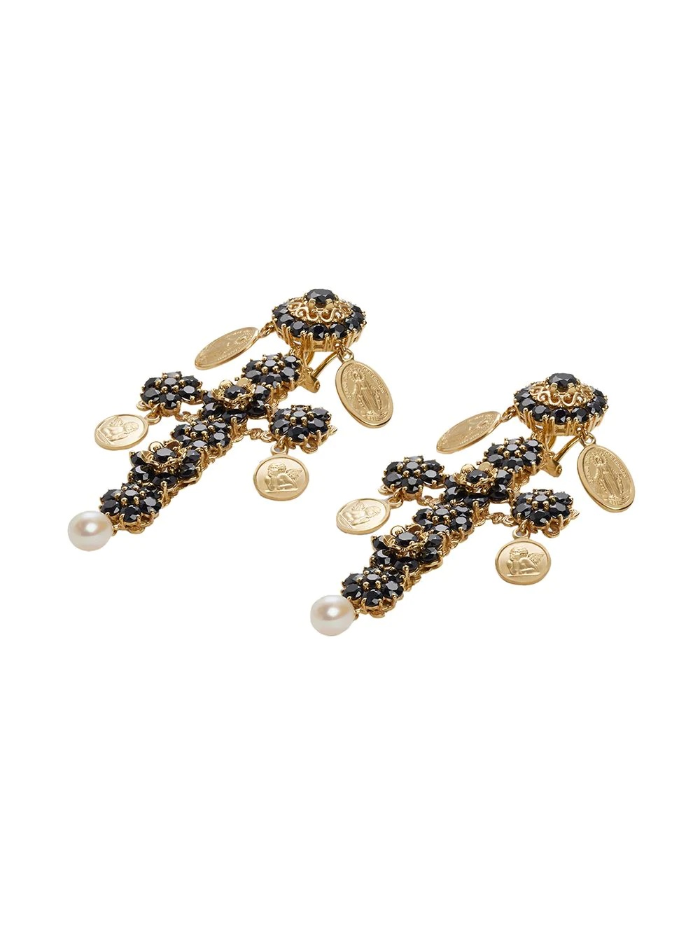 18kt yellow gold cross black sapphires and pearl clip-on earrings - 2