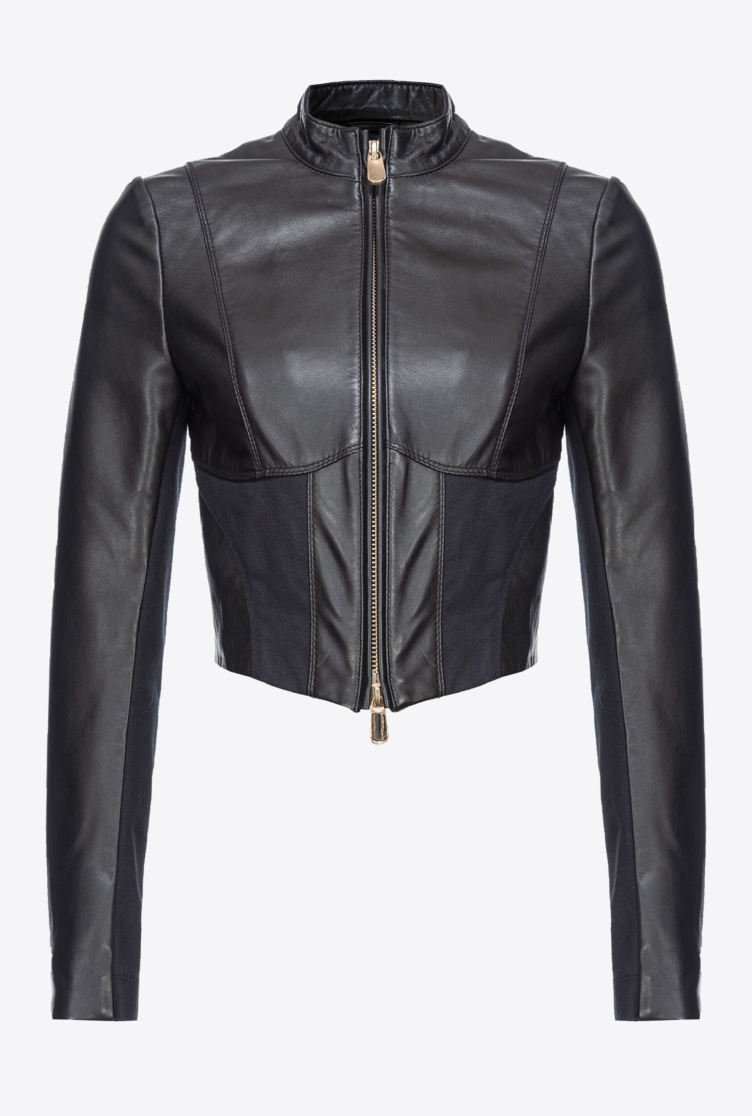 PINKO SHORT LEATHER AND FABRIC BIKER JACKET | REVERSIBLE