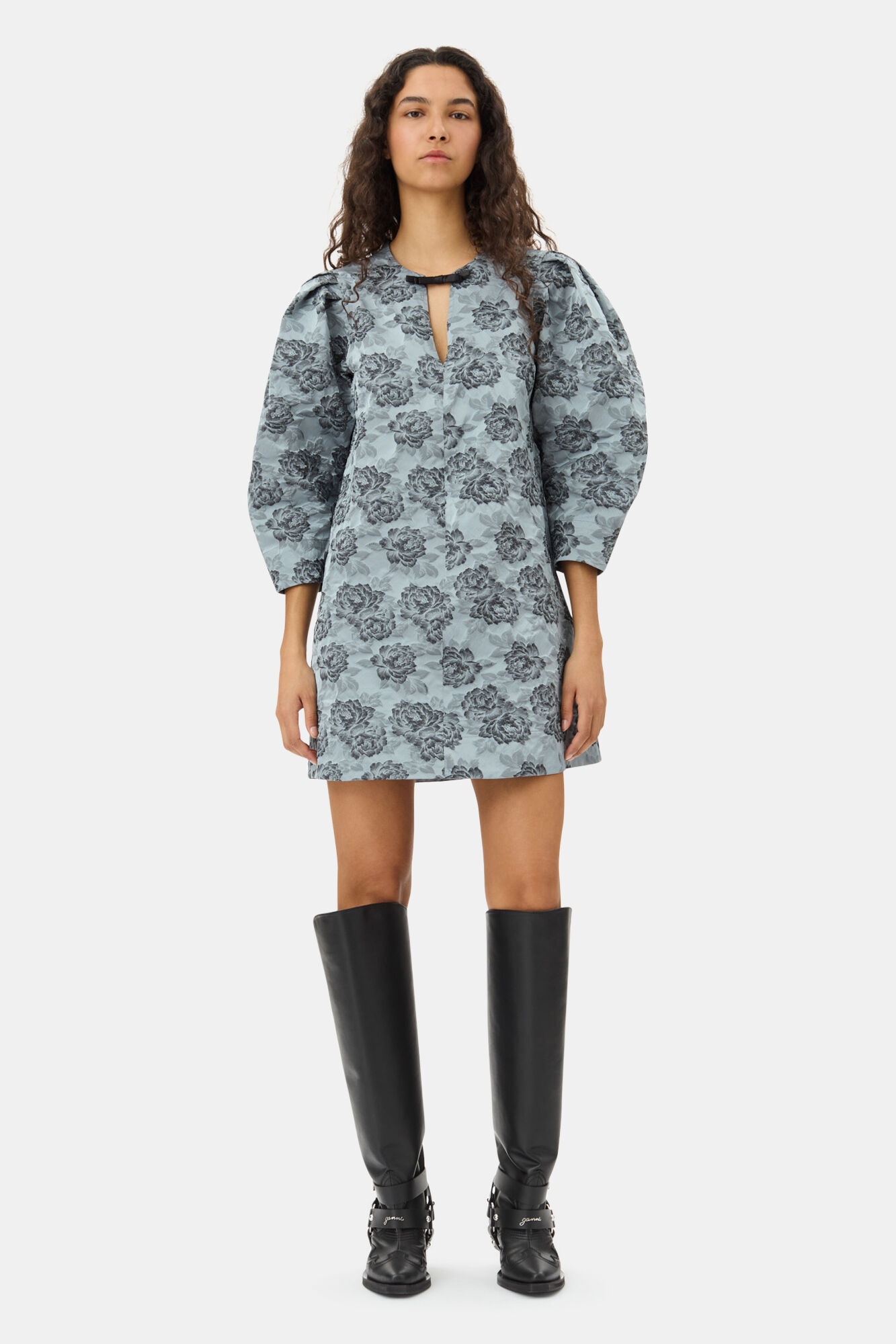 BLUE FLORAL JACQUARD A-LINE MINI DRESS - 2