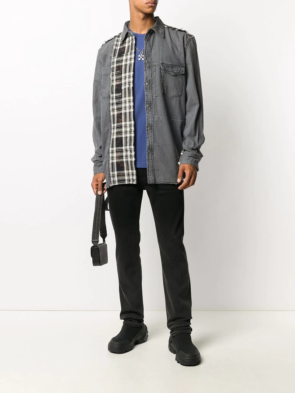 contrast check denim shirt - 2