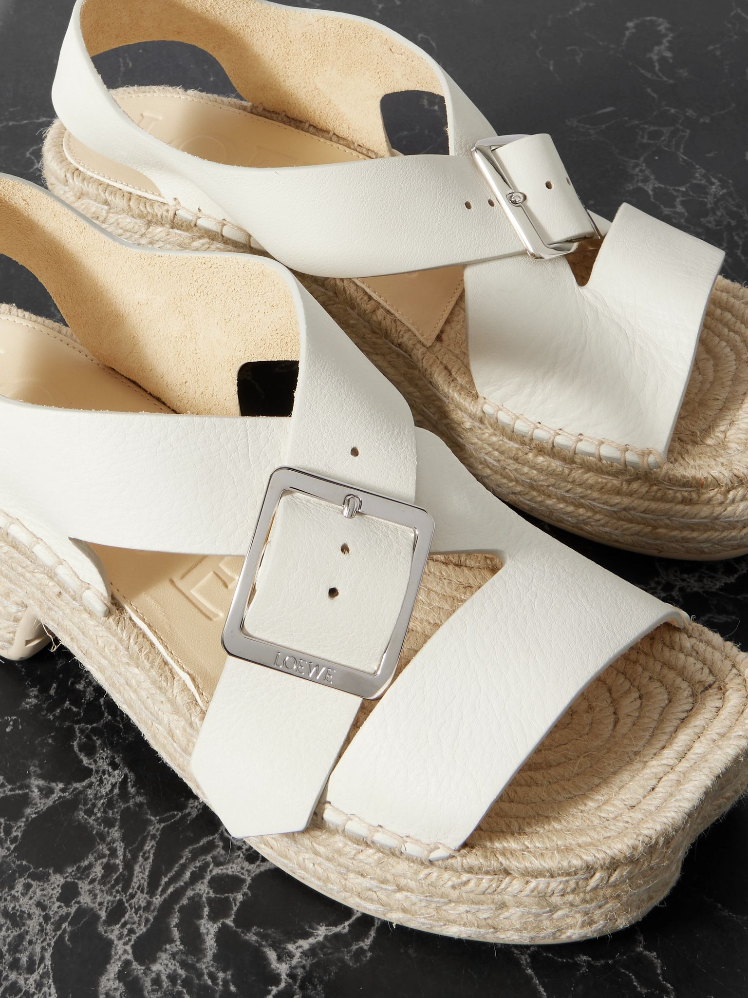 + Paula's Ibiza Petal leather and raffia espadrille platform sandals White - 4