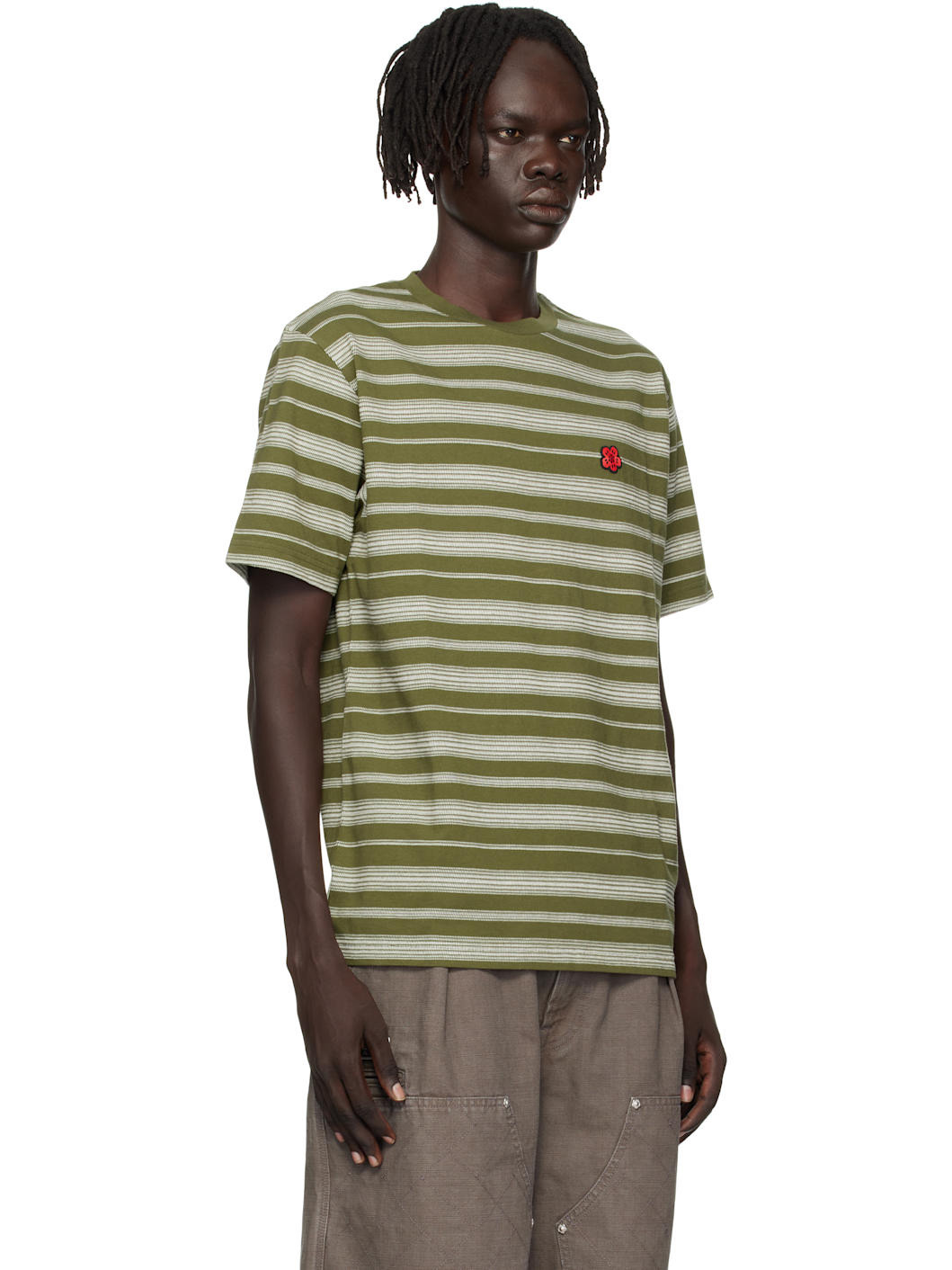 Khaki Kenzo Paris 'Boke Flower' Striped Embroidered T-shirt - 2