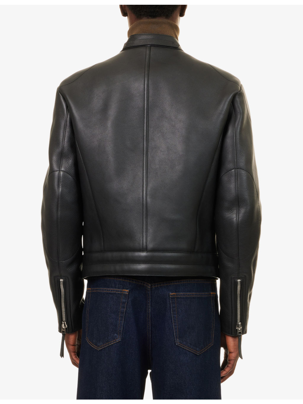 Stand-Collar Long-Sleeve Leather Biker Jacket - 4