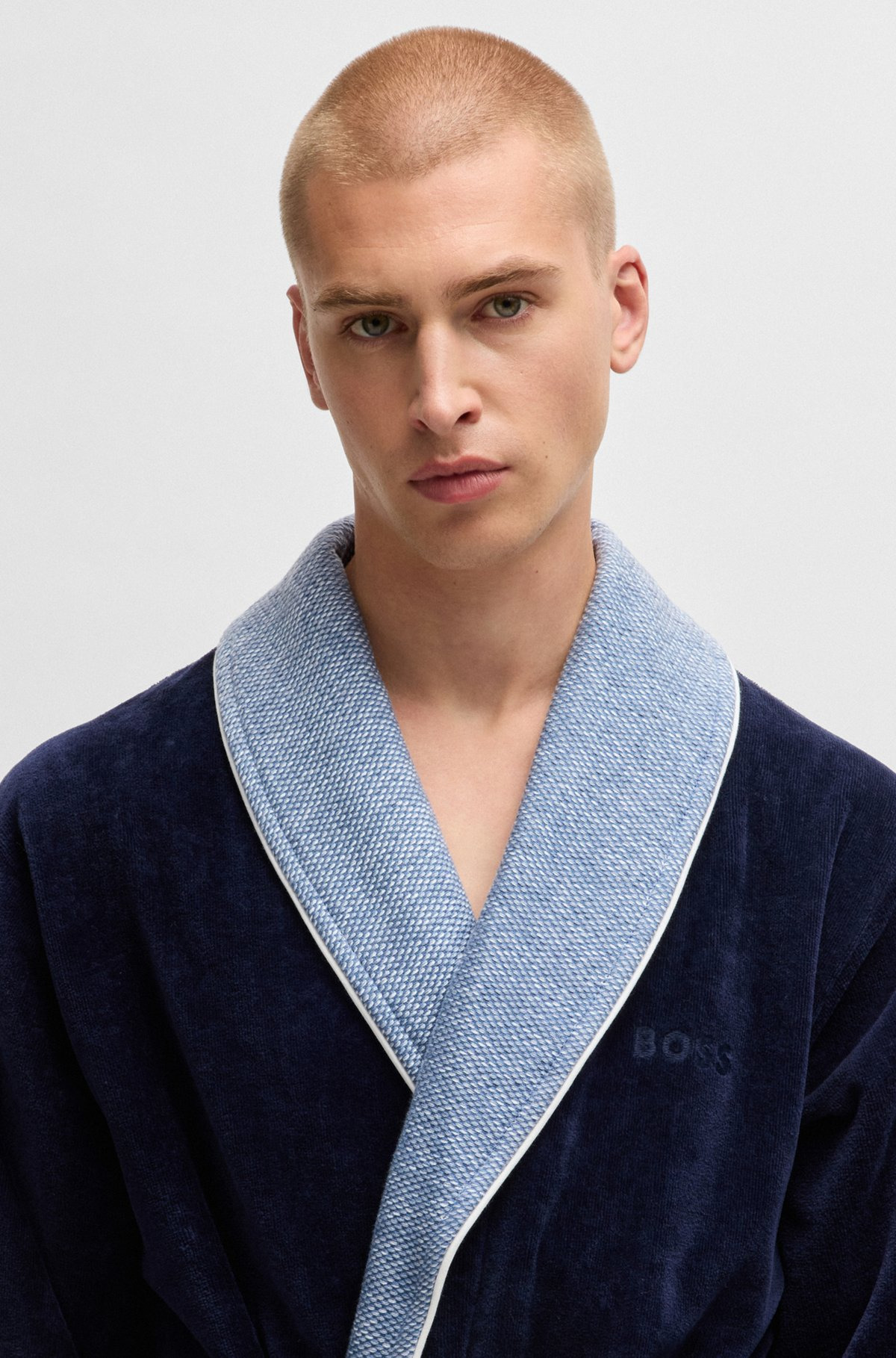 NAVY COTTON-VELVET DRESSING GOWN WITH EMBROIDERED LOGO - 6