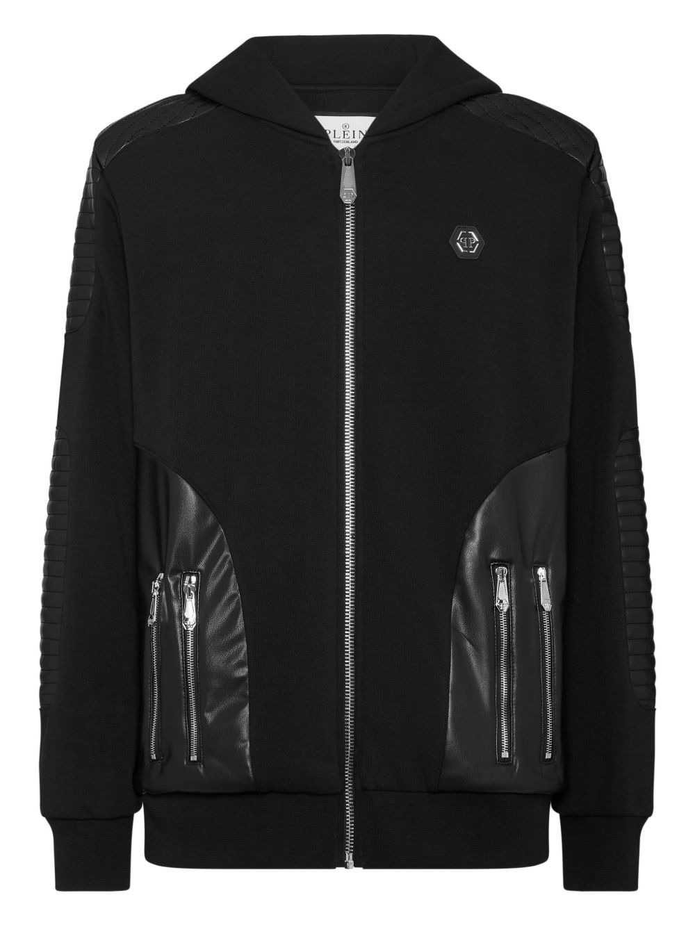 quilted leather hooded sweatshirt - 1