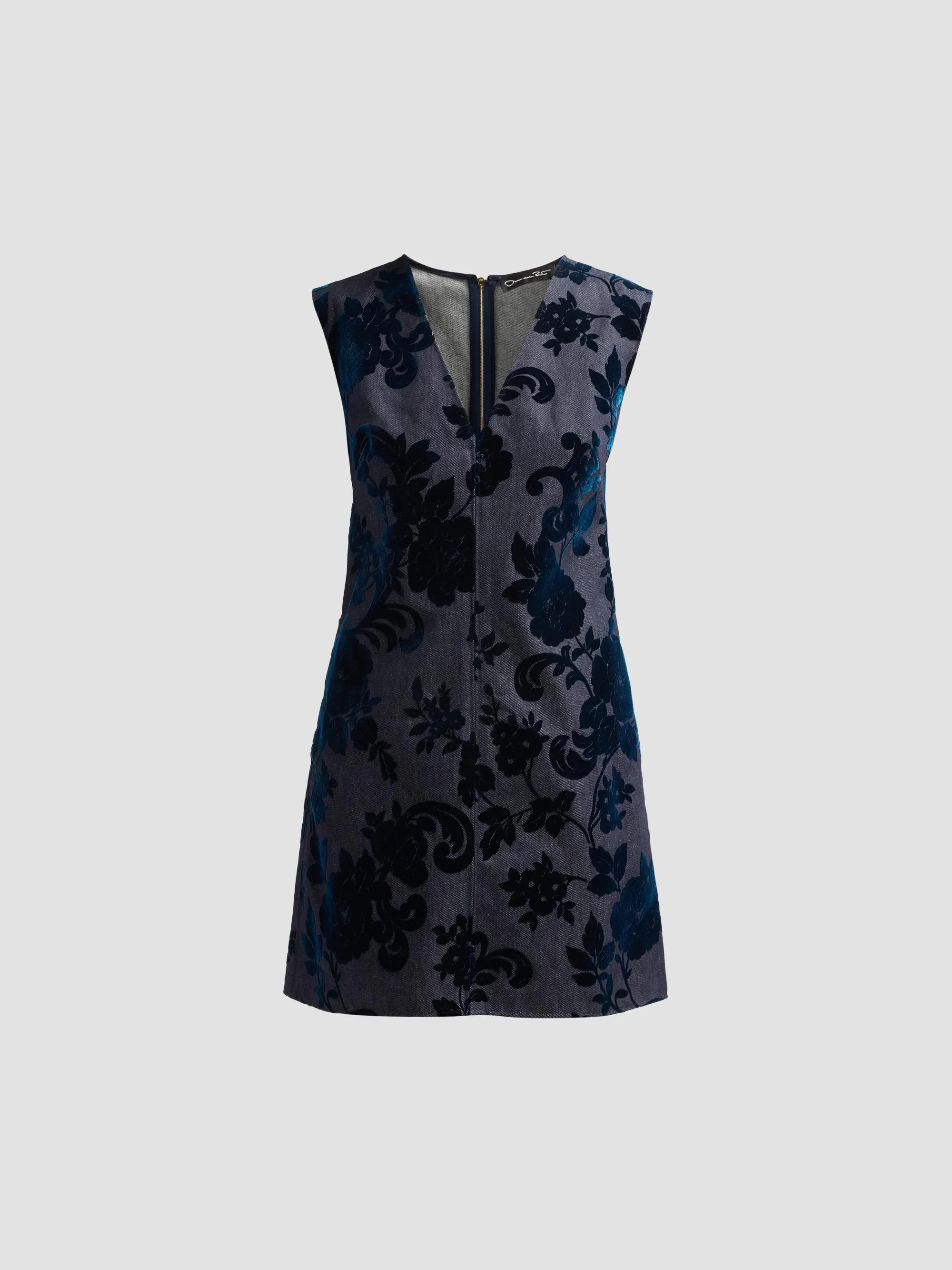 Women's Floral Flocked Denim Mini Dress - Denim Navy - 1