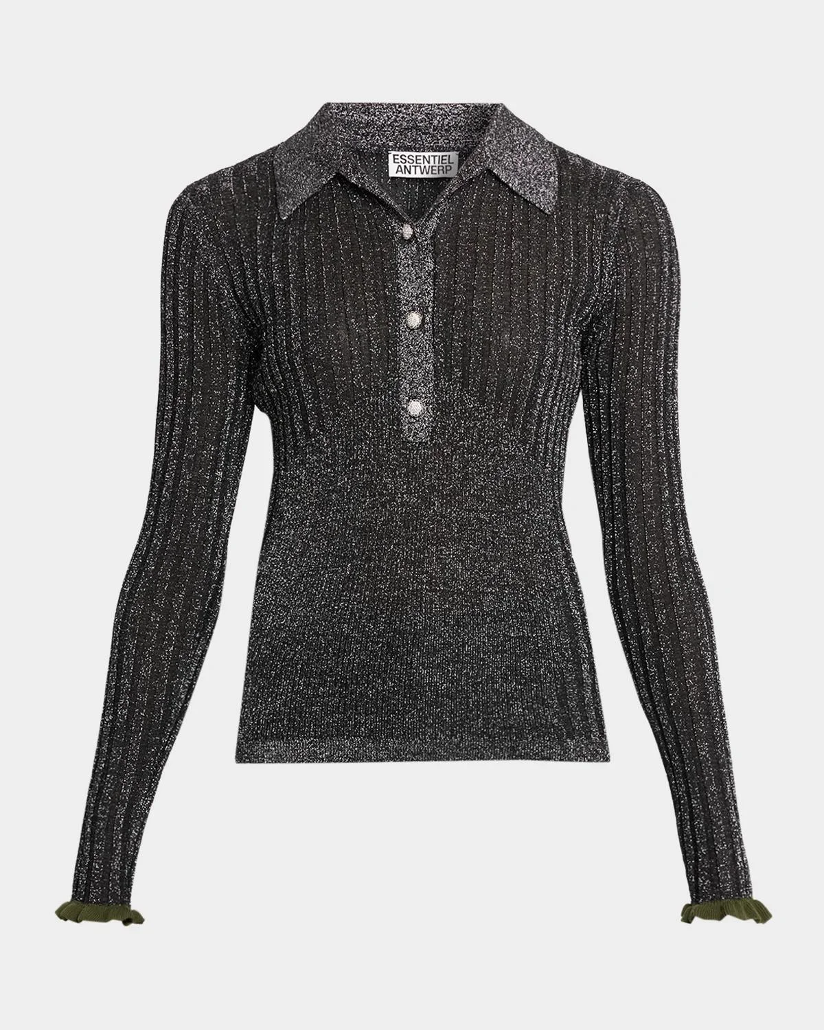 Karan Metallic Rib-Knit Polo Top - 1