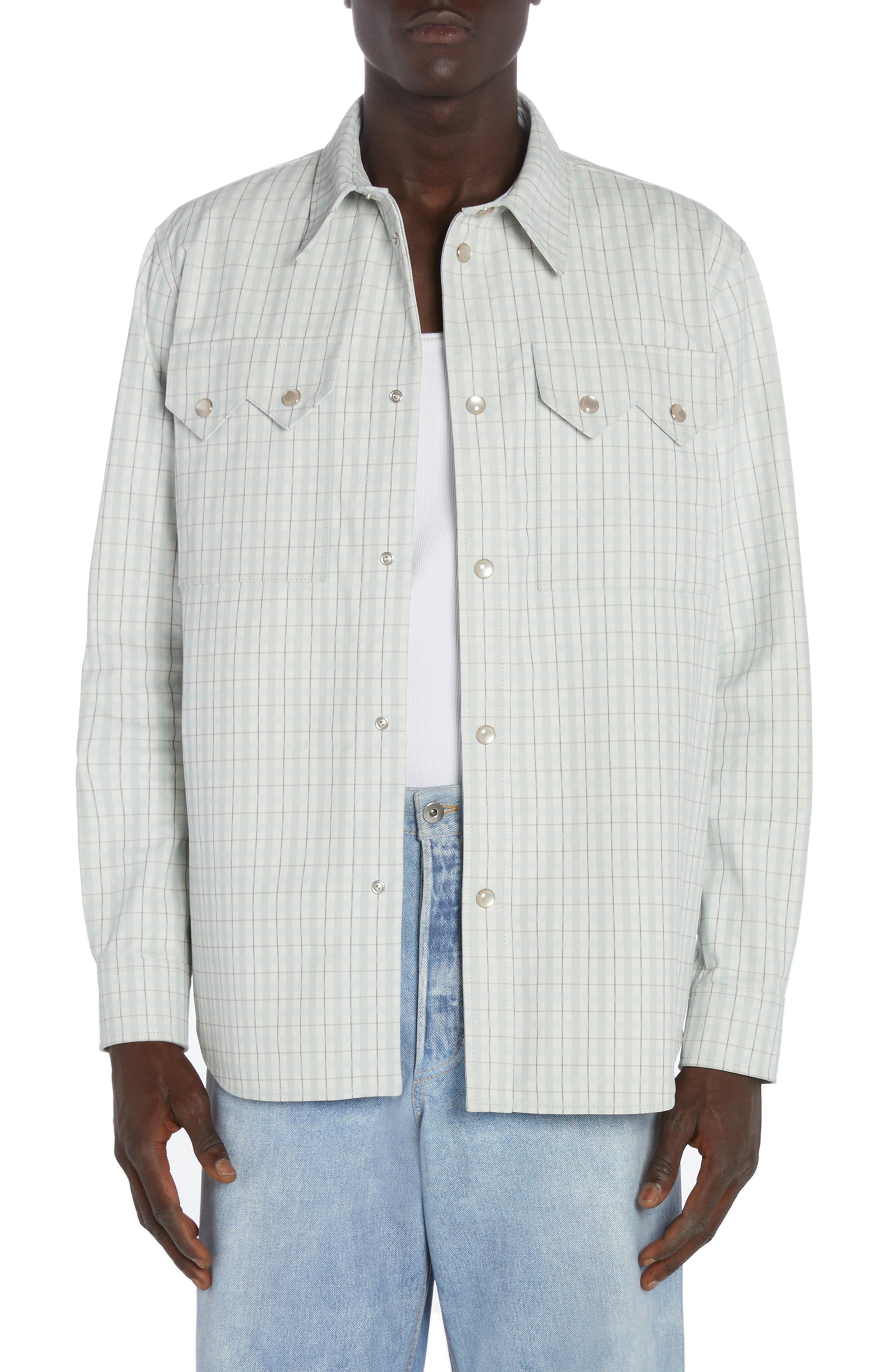 Bottega Veneta Check Print Leather Snap-Up Western Shirt in White/Grey/Mint at Nordstrom - 1