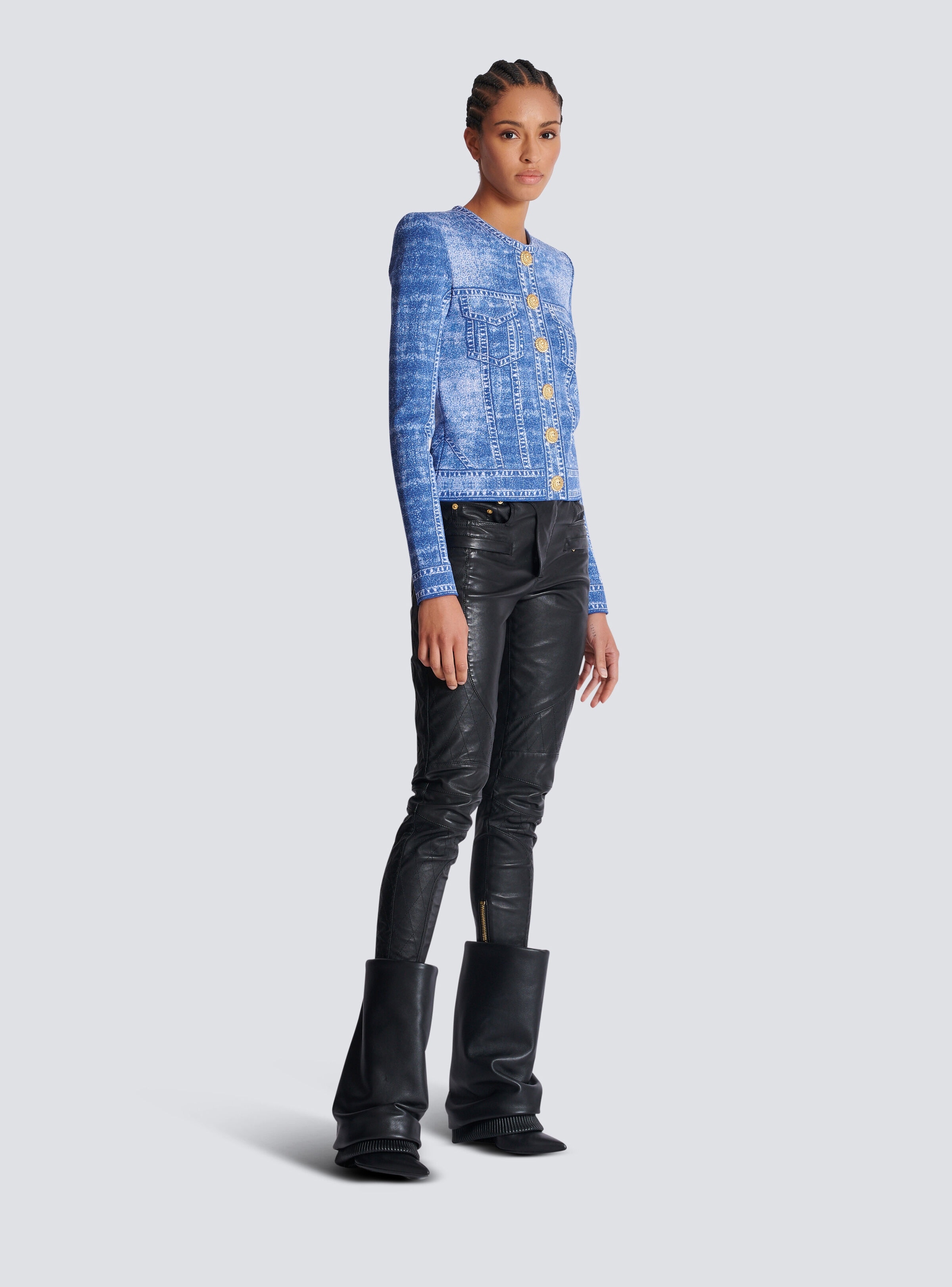 Jacquard knit cardigan with denim effect - 3