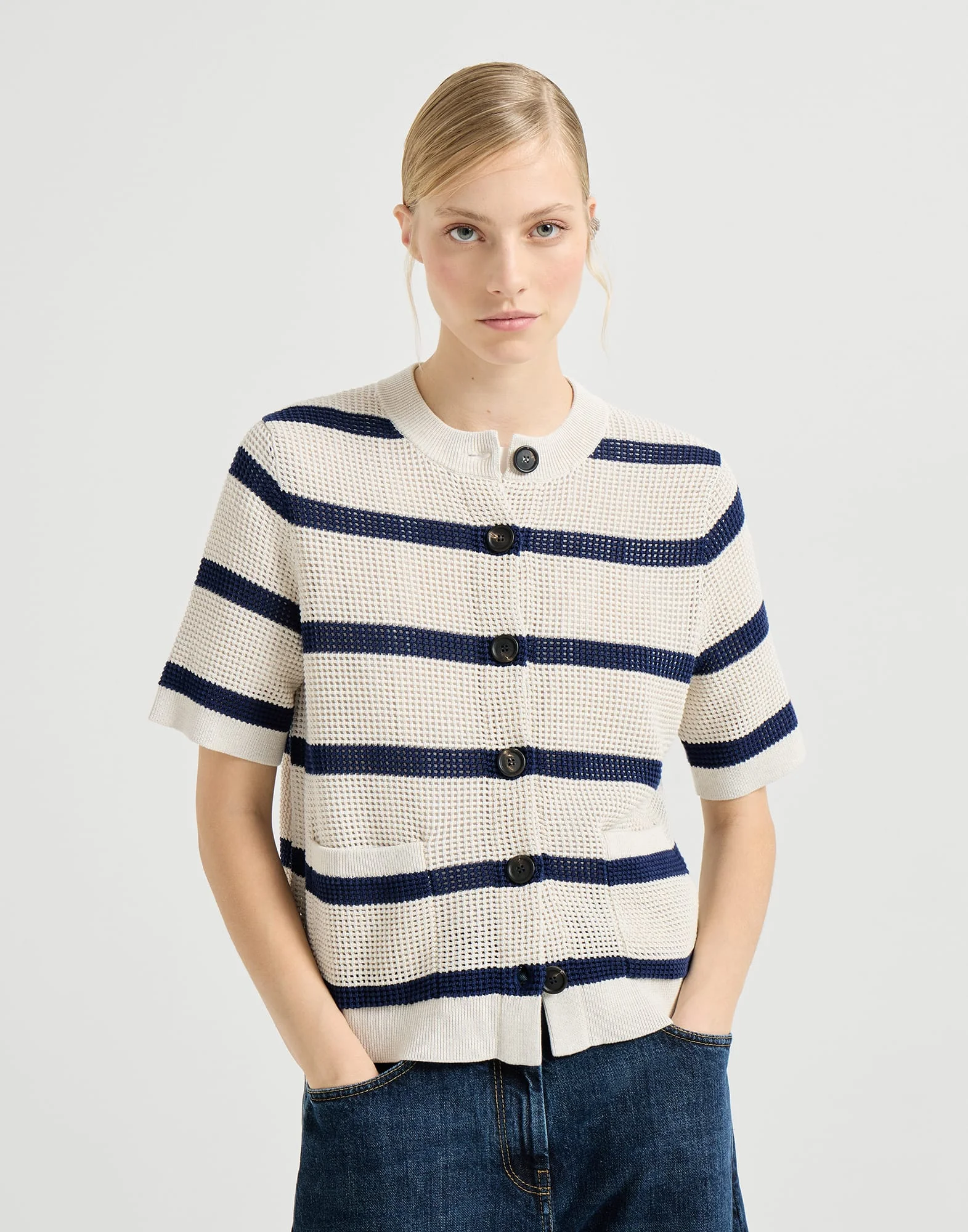 Cotton net striped cardigan - 1