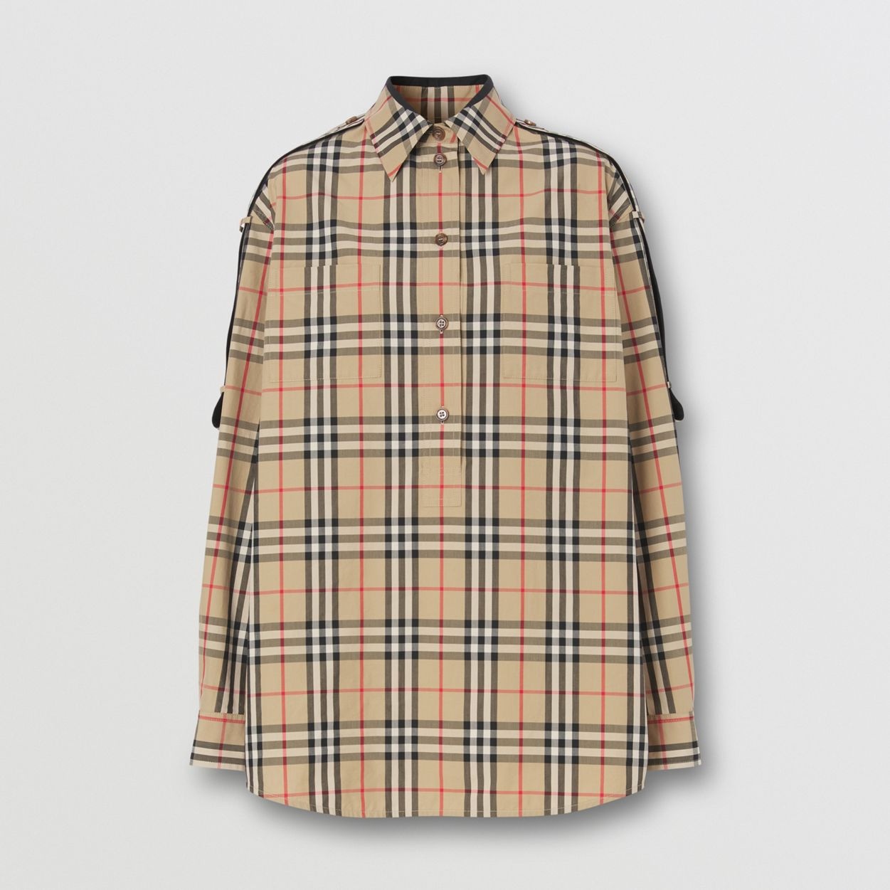 Strap Detail Vintage Check Cotton Oversized Shirt - 1