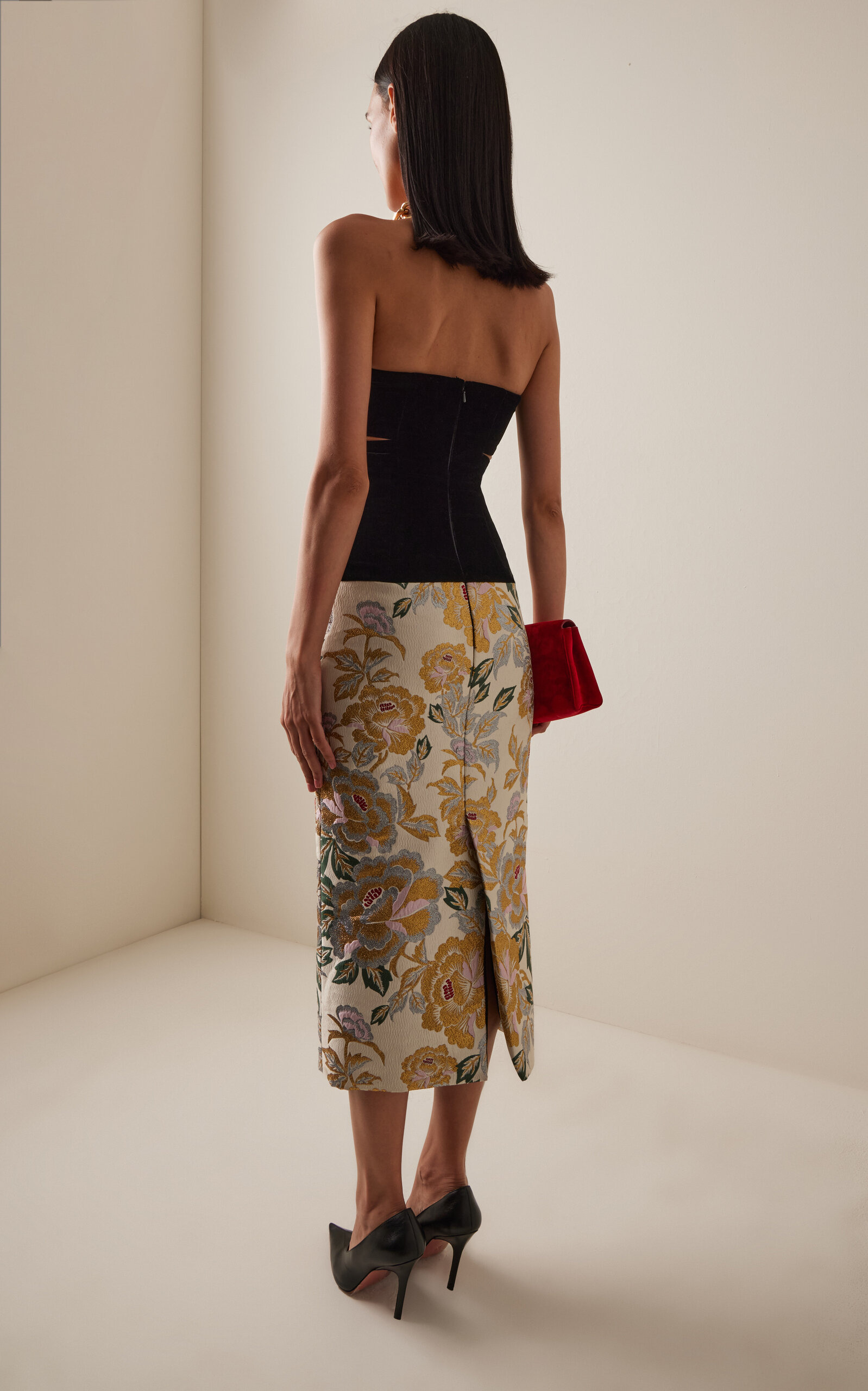 Cutout Velvet-Trimmed and Jacquard Midi Dress ivory - 5