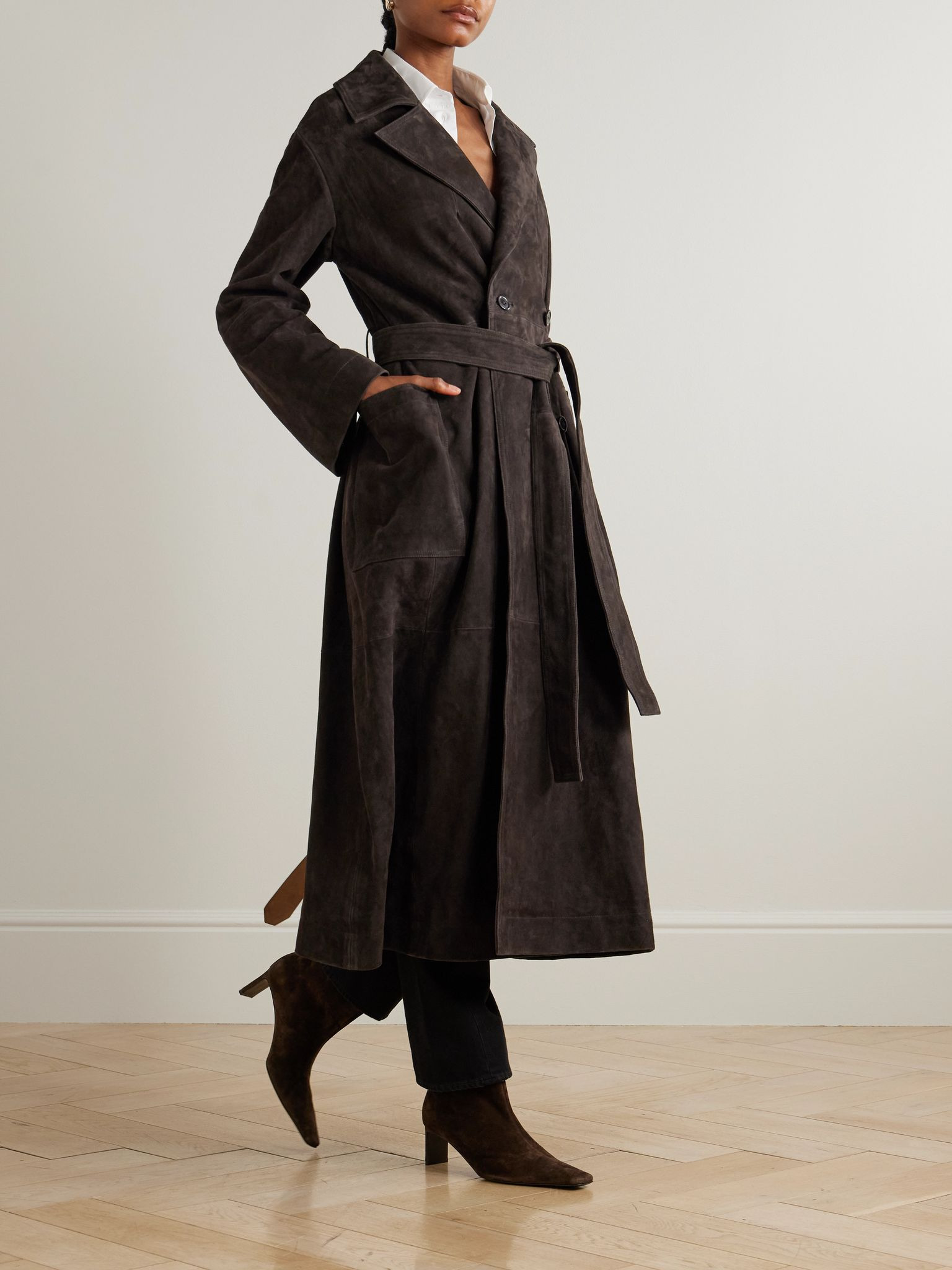 Double-breasted suede trench coat Dark brown - 2