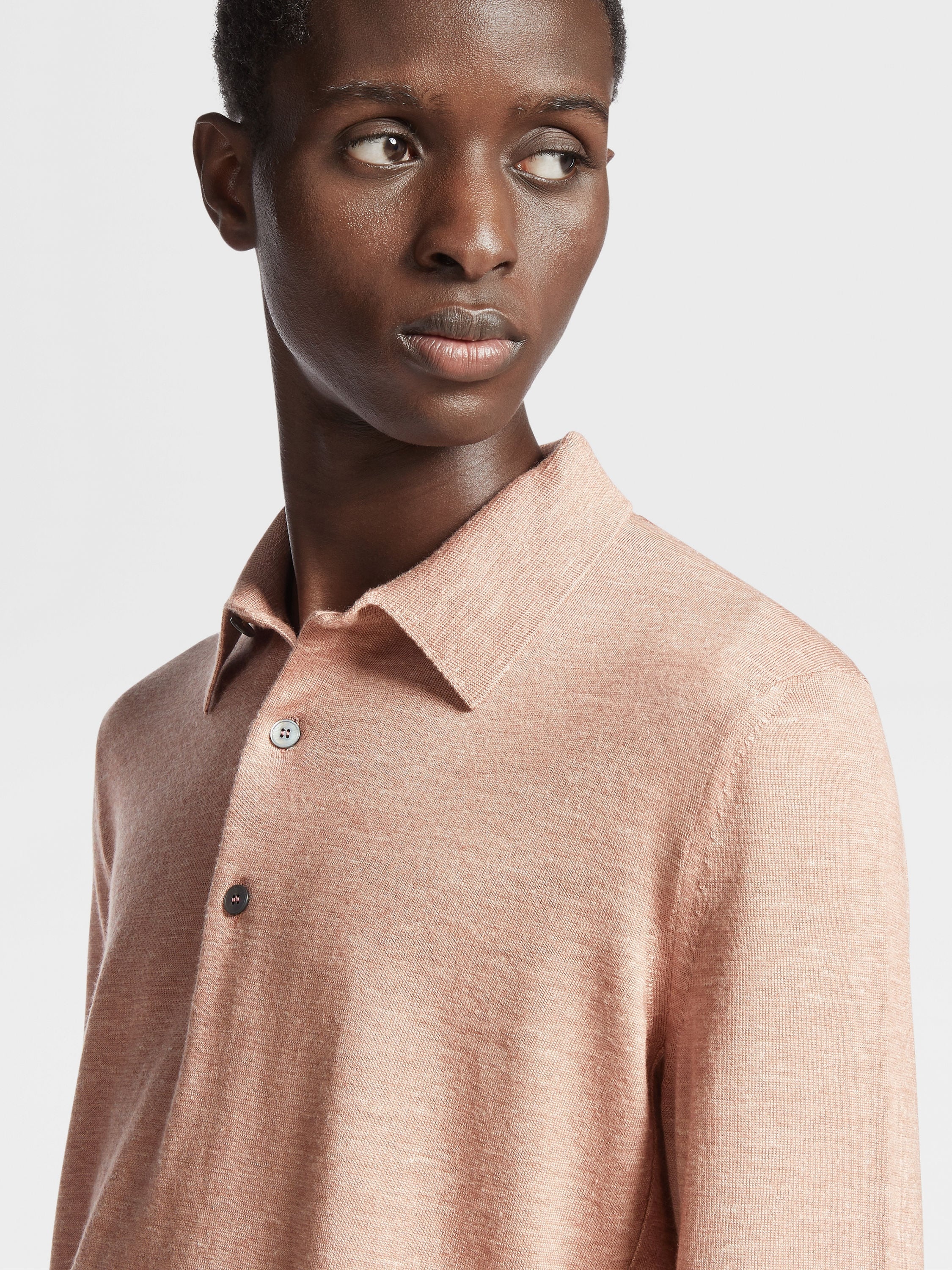 DUST PINK SILK CASHMERE AND LINEN POLO SHIRT - 4