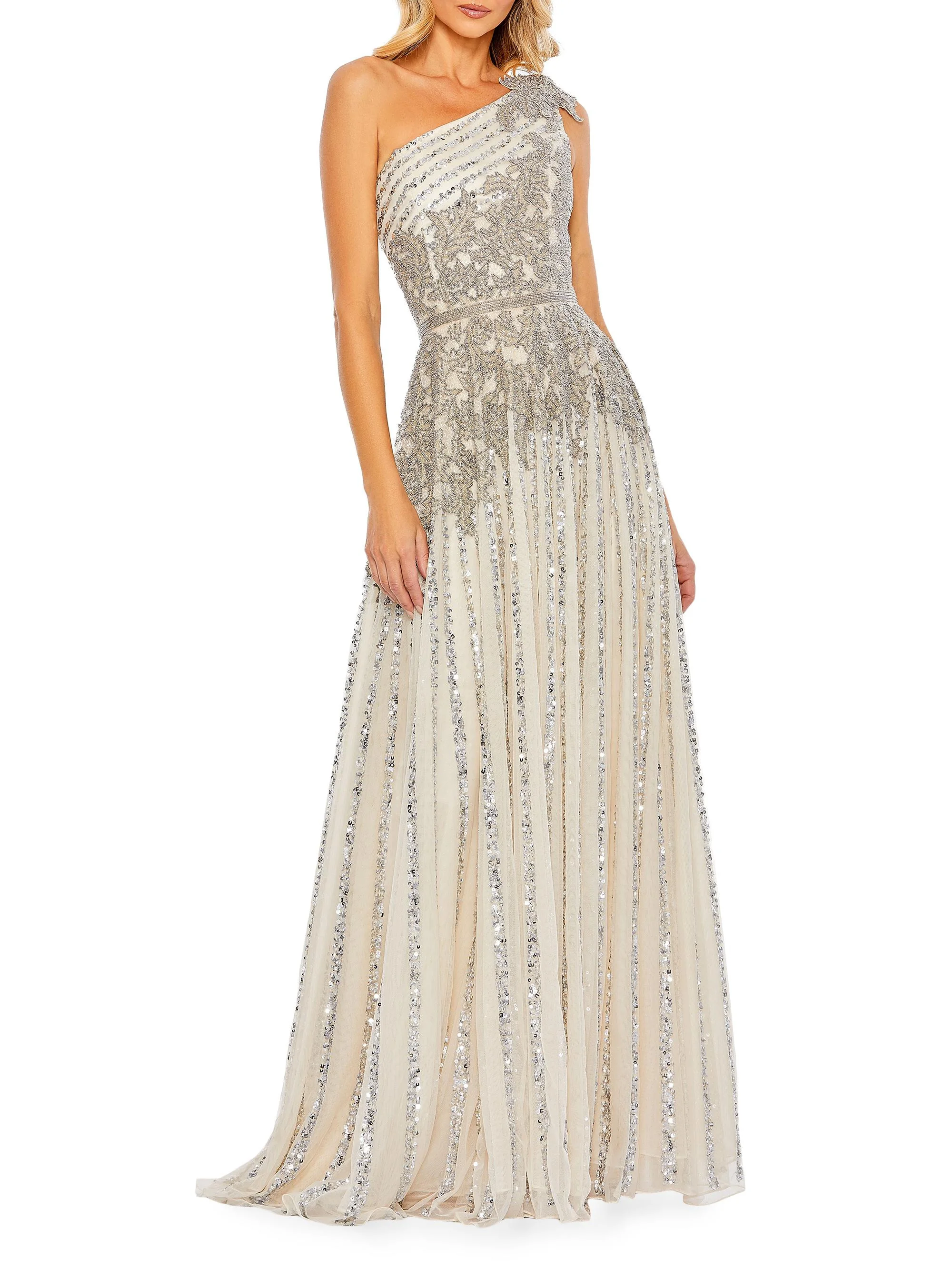 Women's Beaded One-Shoulder A-Line Gown - Silver Beige - 1