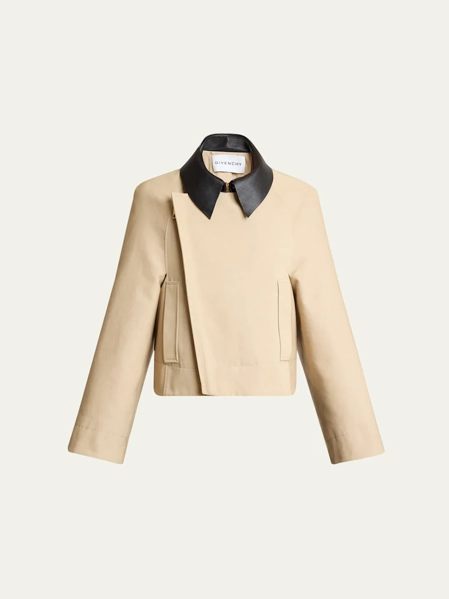 Leather Collar Zip Cocoon Jacket - 1