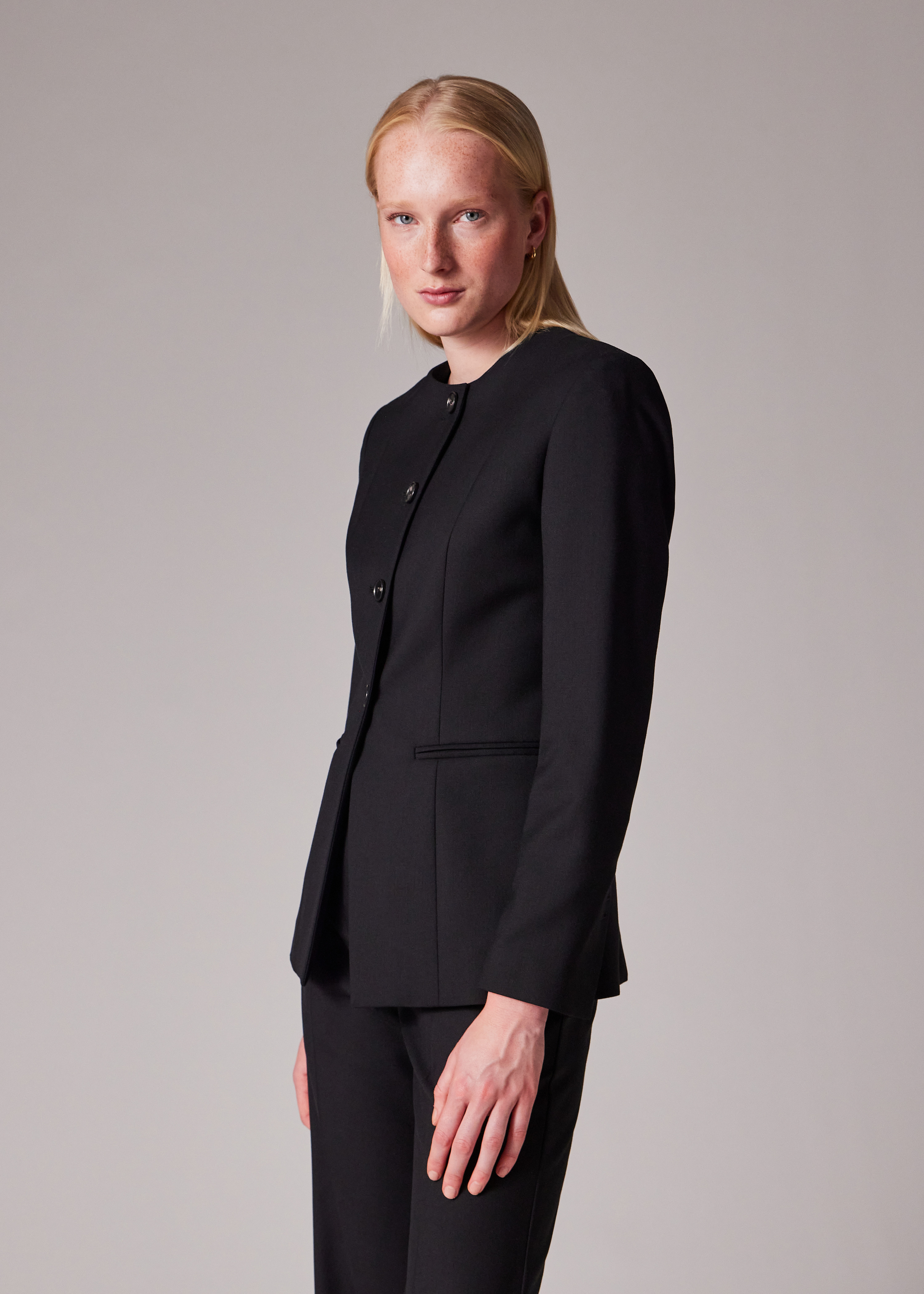 Women's A Suit To Travel In - Black Collarless Jacket Suit - 4
