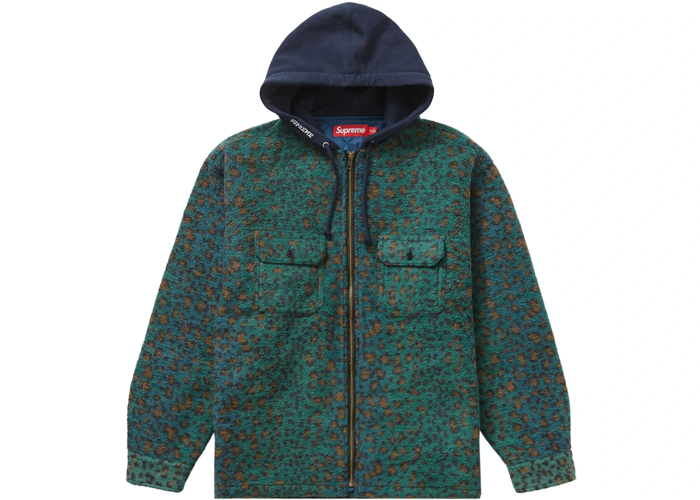 Supreme Fleece Zip Up Hooded Shirt Teal Leopard - 1