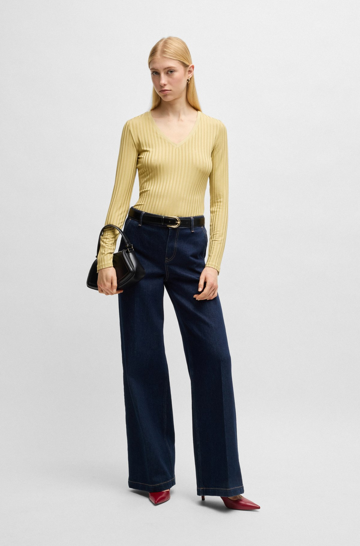 LONG-SLEEVED V-NECK TOP IN LUSTROUS RIBBED JERSEY - 3