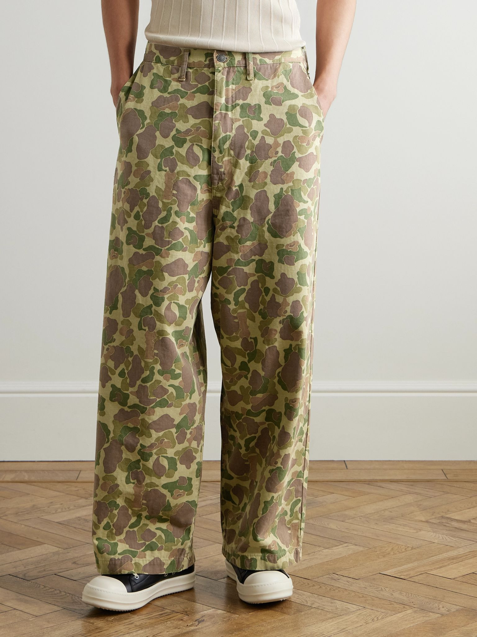 Wide-Leg Camouflage-Print Herringbone Cotton Trousers Green - 3