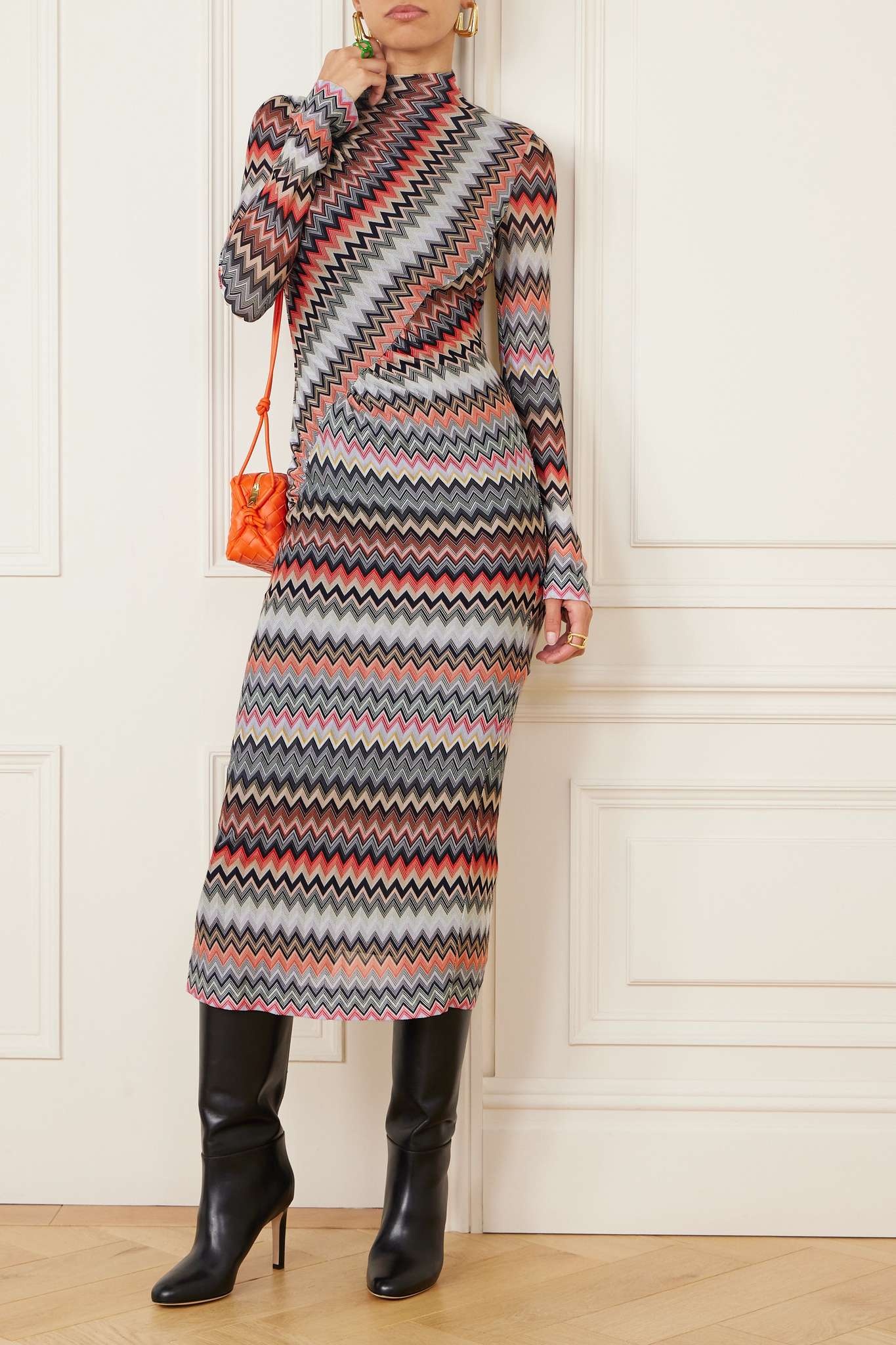 Asymmetric striped cotton-blend crochet-knit midi dress - 2