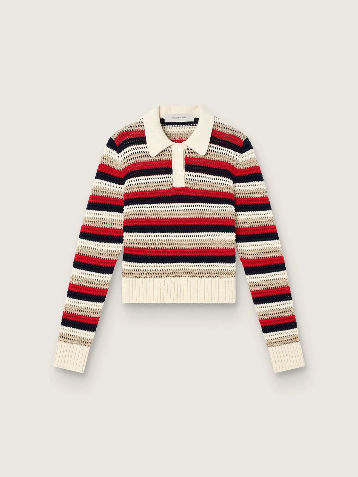 Women's cropped polo sweater in striped crochet cotton - 1