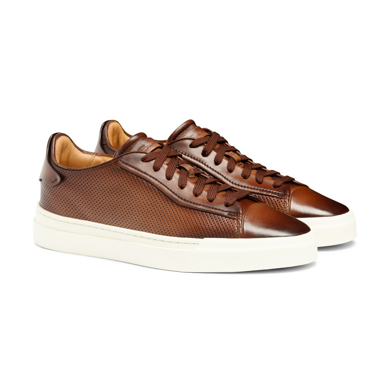 Men's polished brown leather perforated-effect sneaker 3