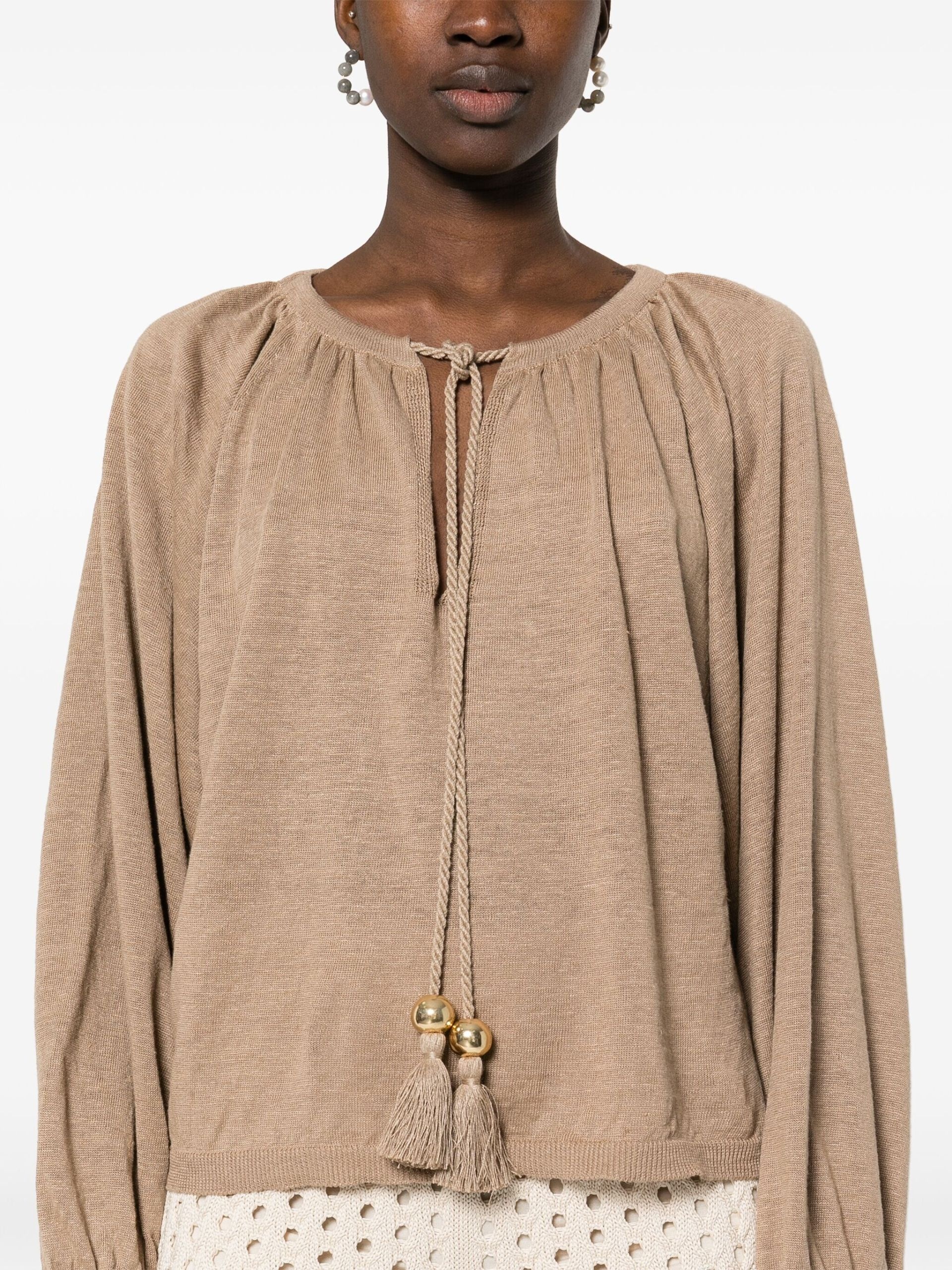 Earth Brown Tassel Detailing Linen Blouse - 5