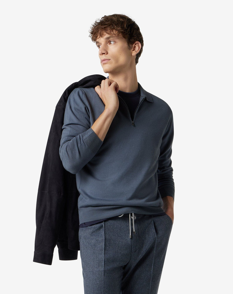 CORNELIANI Aviator blue zip-up extra fine wool polo shirt outlook