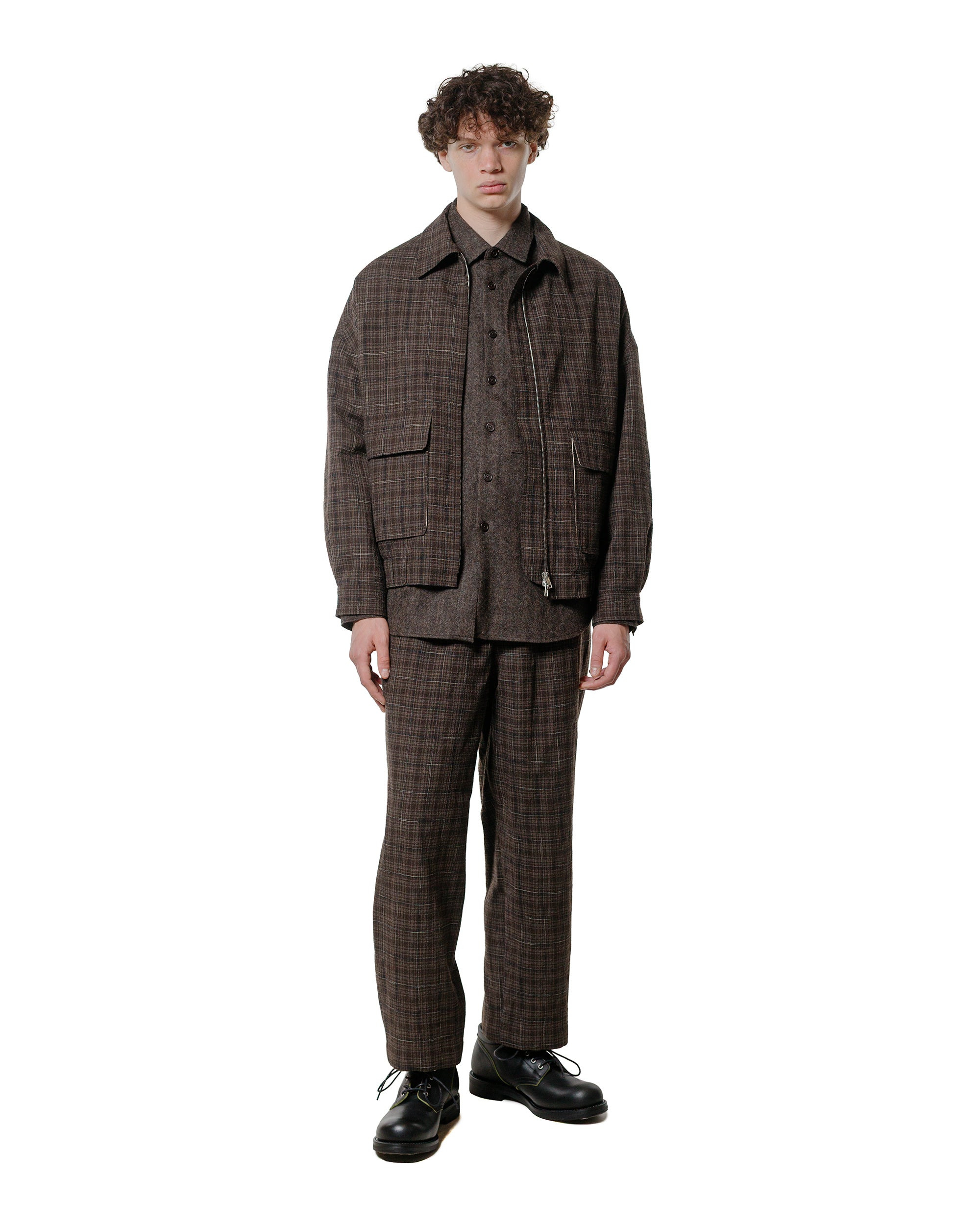 Zip Jacket Two Kasuri Wool Check Brown/Beige/Navy - 4