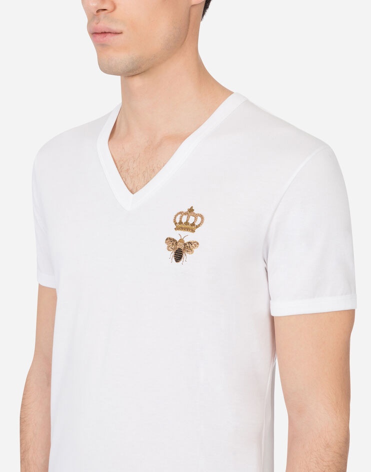 V-neck cotton t-shirt with bee and crown embroidery - 4