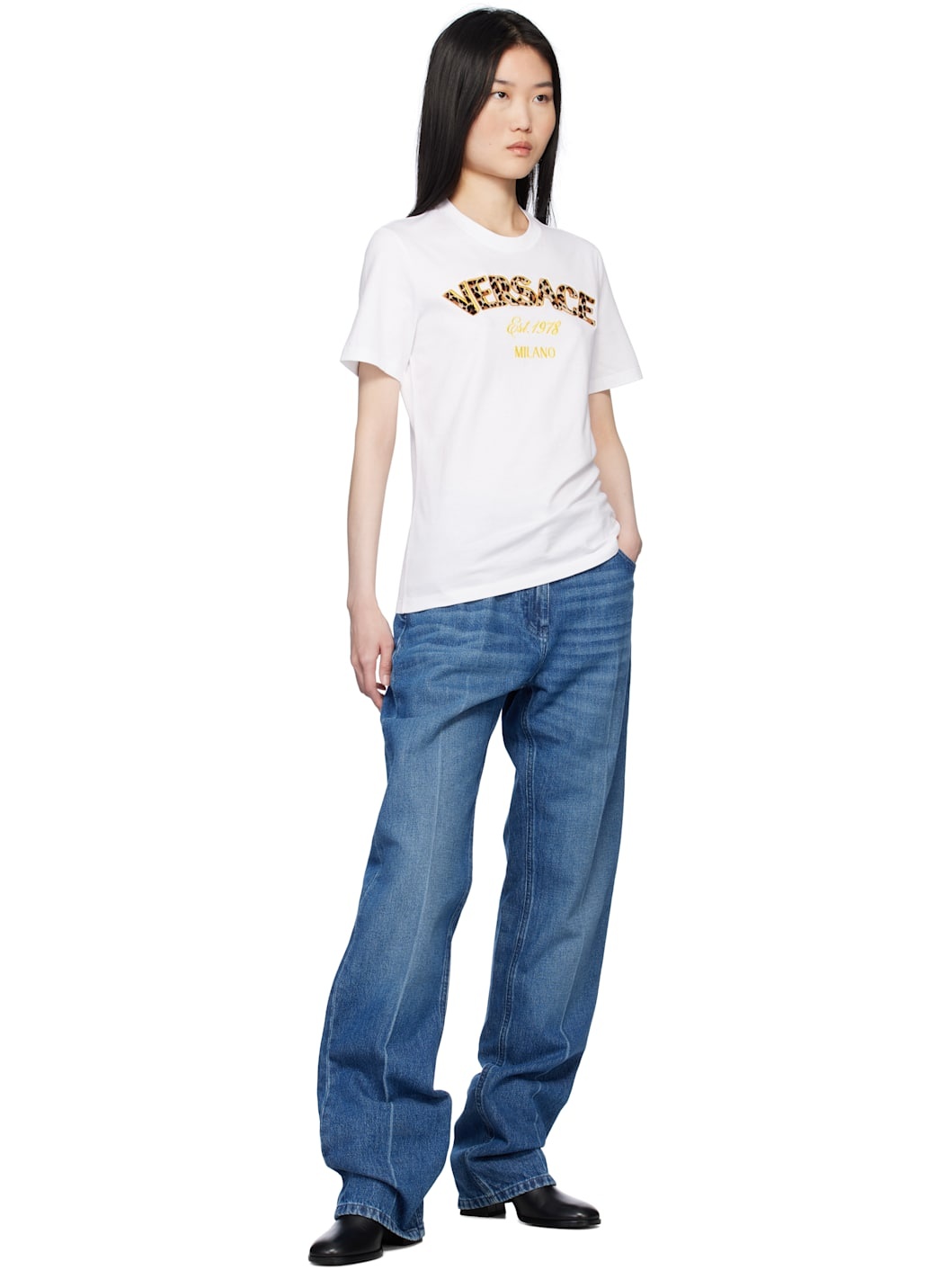 White 'Versace Milano' Leopard Embroidery T-shirt - 4