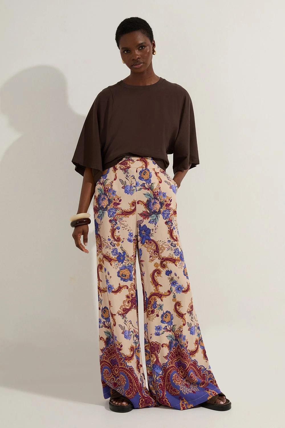 Premium Viscose Linen Paisley Border Print Woven Wide Leg Trouser - 1
