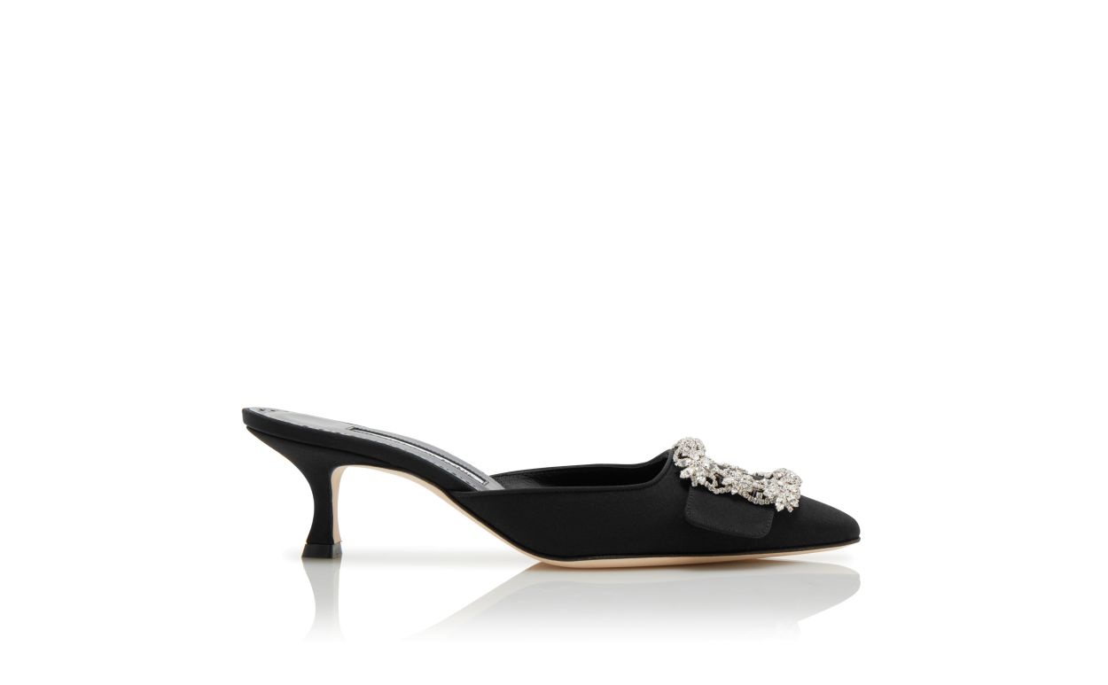 Black Crepe De Chine Crystal Buckle Mules - 1