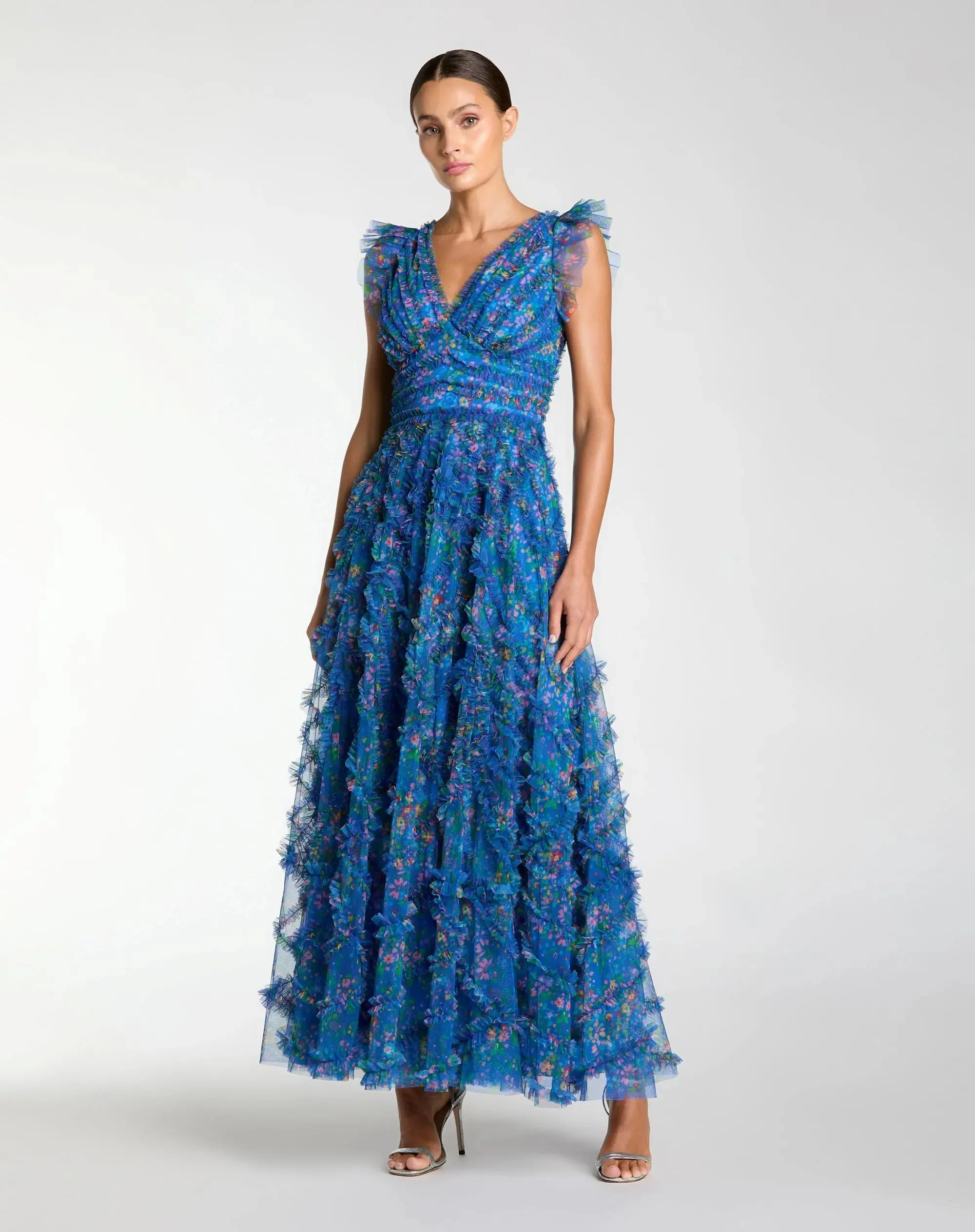 Blue Floral V-Neck Ruffle Maxi Dress - 1
