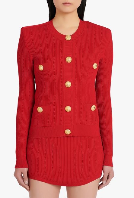 Cropped red eco-designed knit cardigan with gold-tone buttons - 5