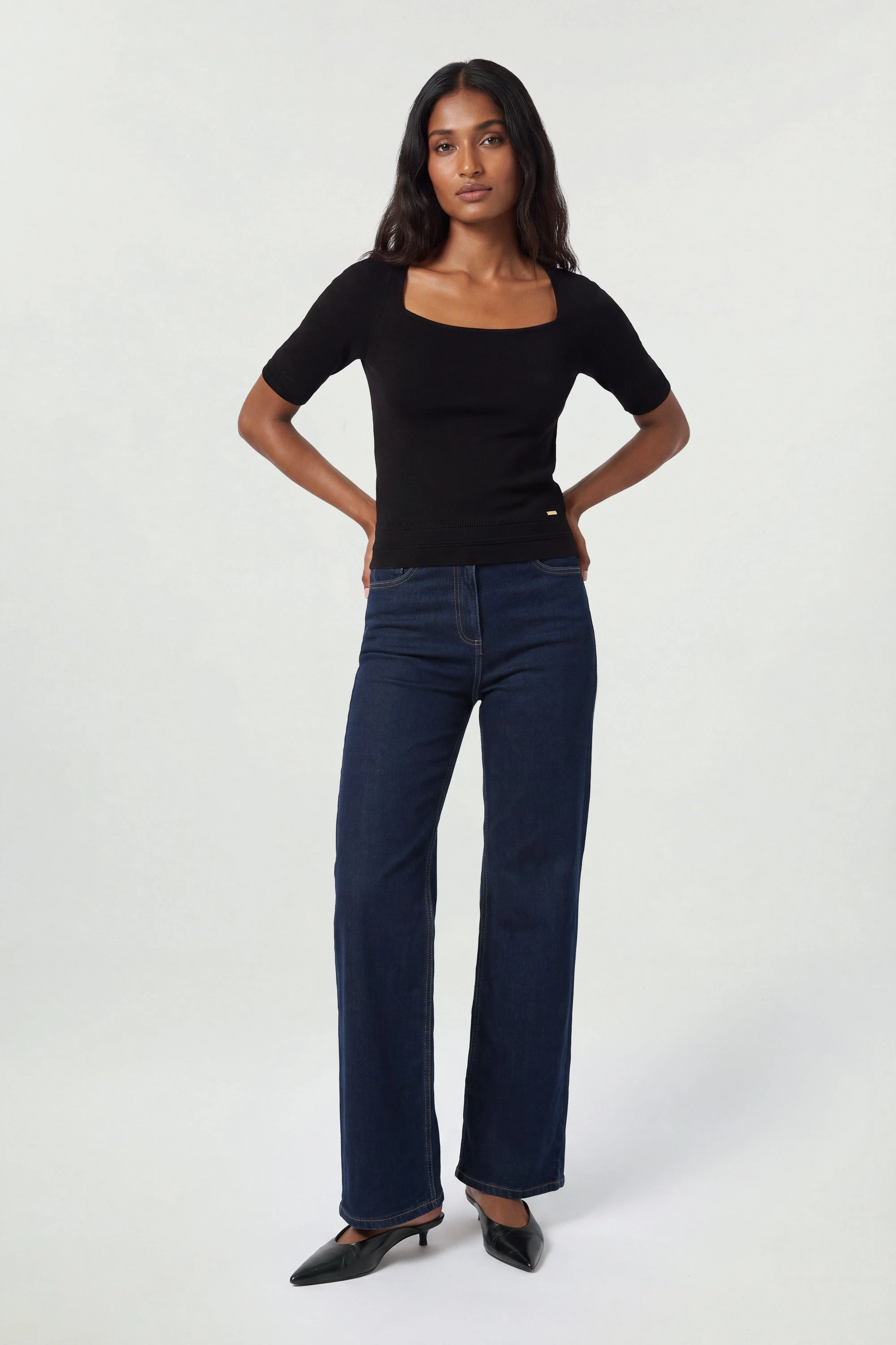 Forever Viscose Blend Square Neck Knitted Short Sleeve Top - 1