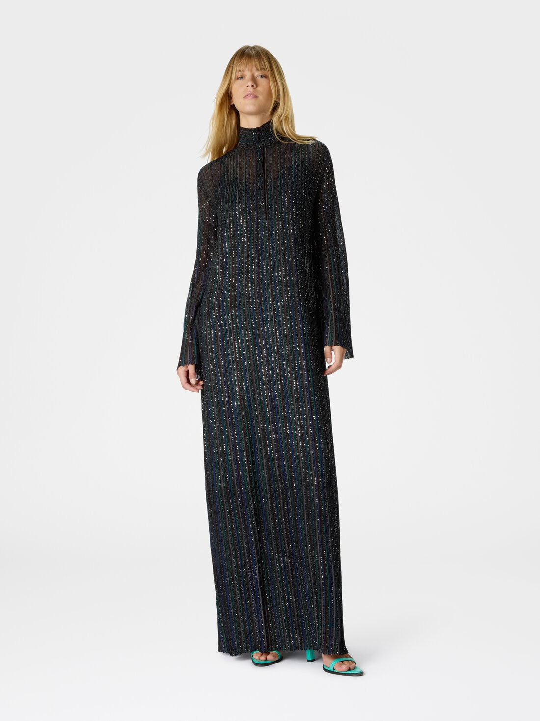 Long Button-Down Dress with Lamé Stripes and Long Sleeves - 2