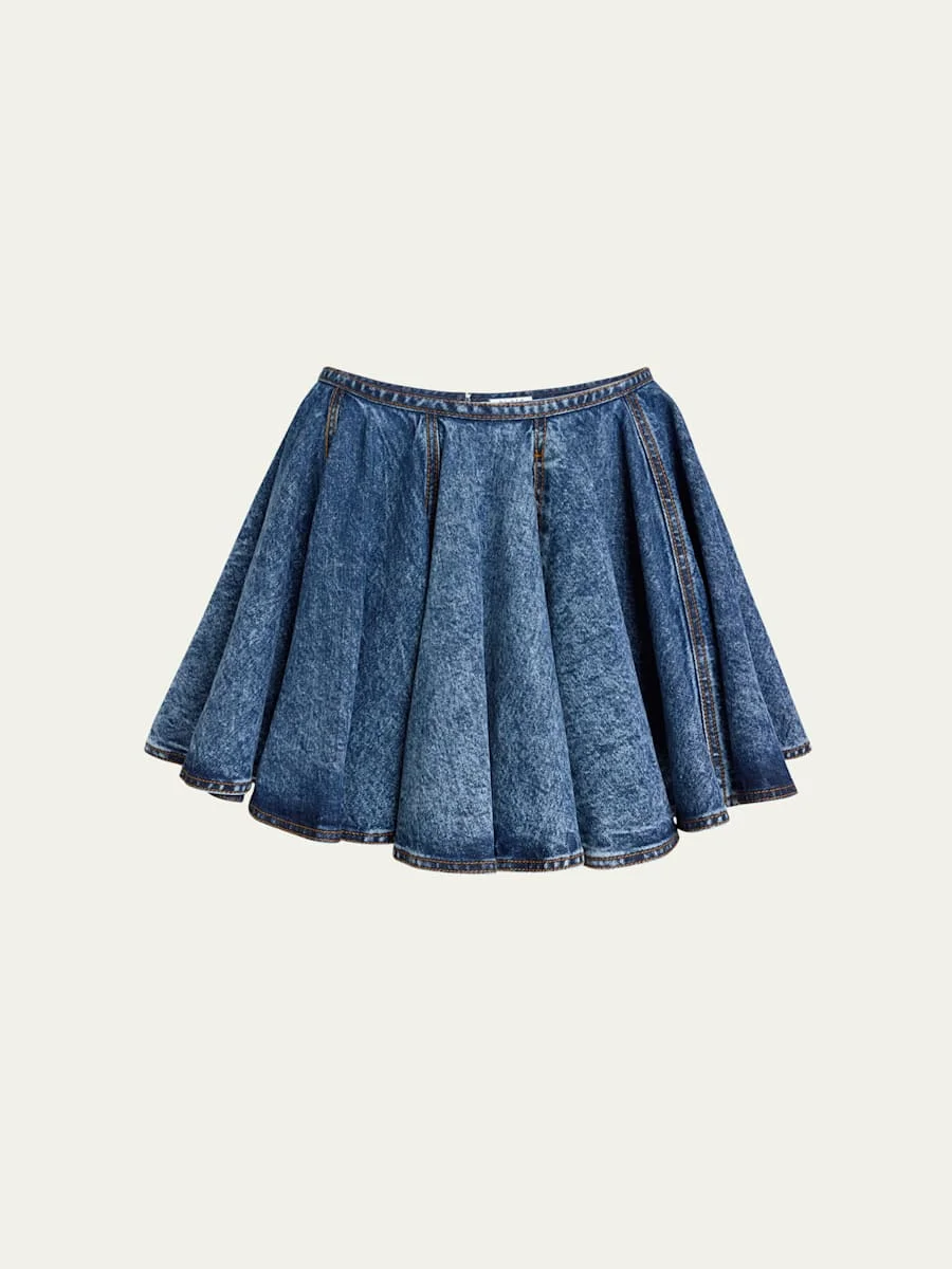 Flared Denim Pleated Mini Skirt - 1