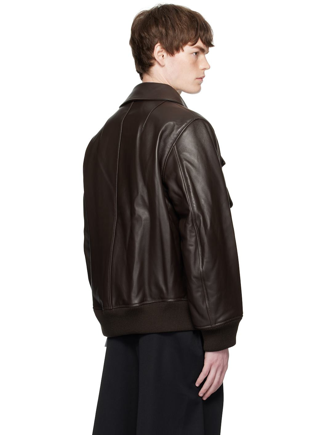 Brown Oversized Multi Pocket Aviator Leather Jacket - 3