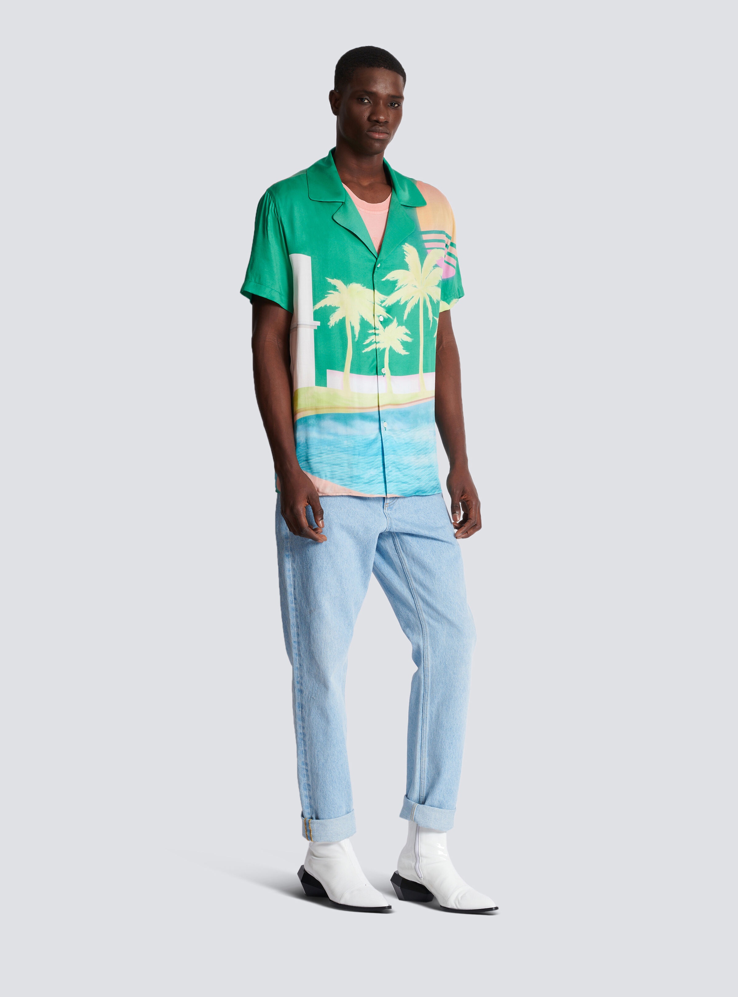 Short-sleeved twill pyjama shirt with palm tree print - 3