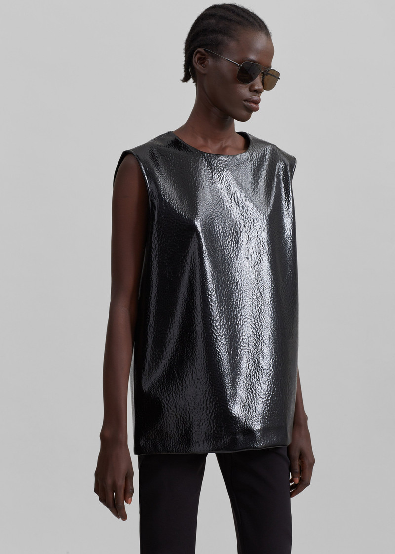 Amaris Crackled Faux Leather Tank Top - Black 3