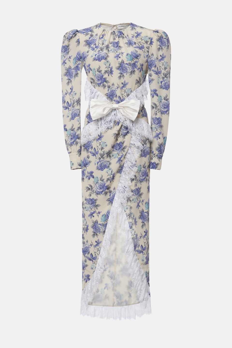 ROSE PRINT SILK DRESS WITH LACE RUFFLE AND BOW - 1