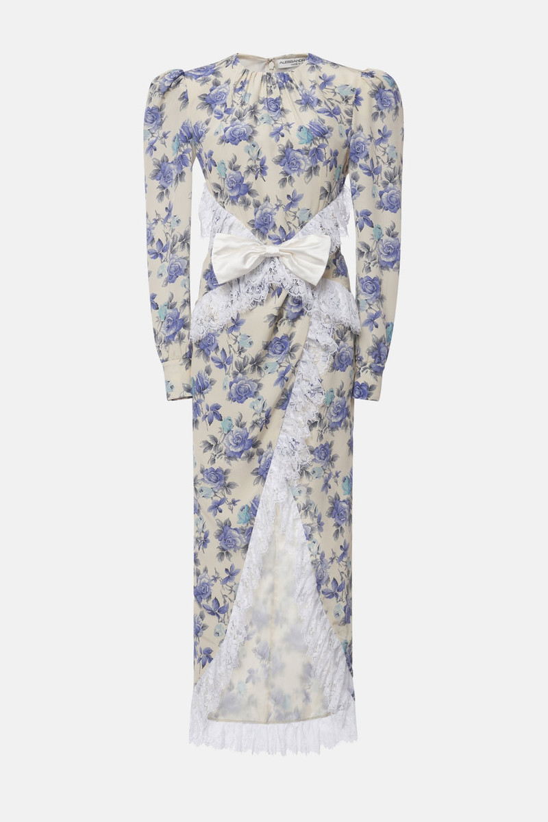 ROSE PRINT SILK DRESS WITH LACE RUFFLE AND BOW 1