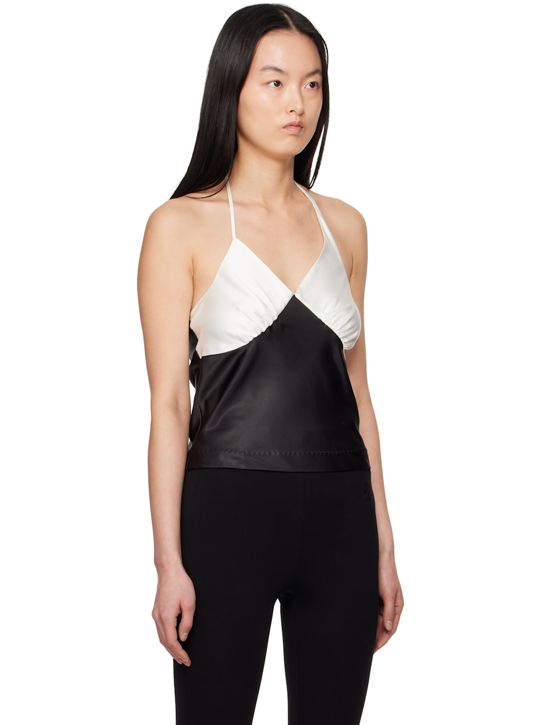 Black & Off-White Satin Shirring Halter Top - 2