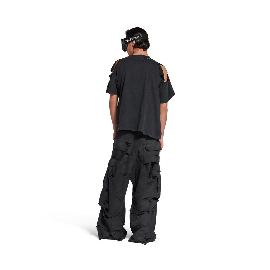 Men's Distressed Large Cargo Pants in Black - 3